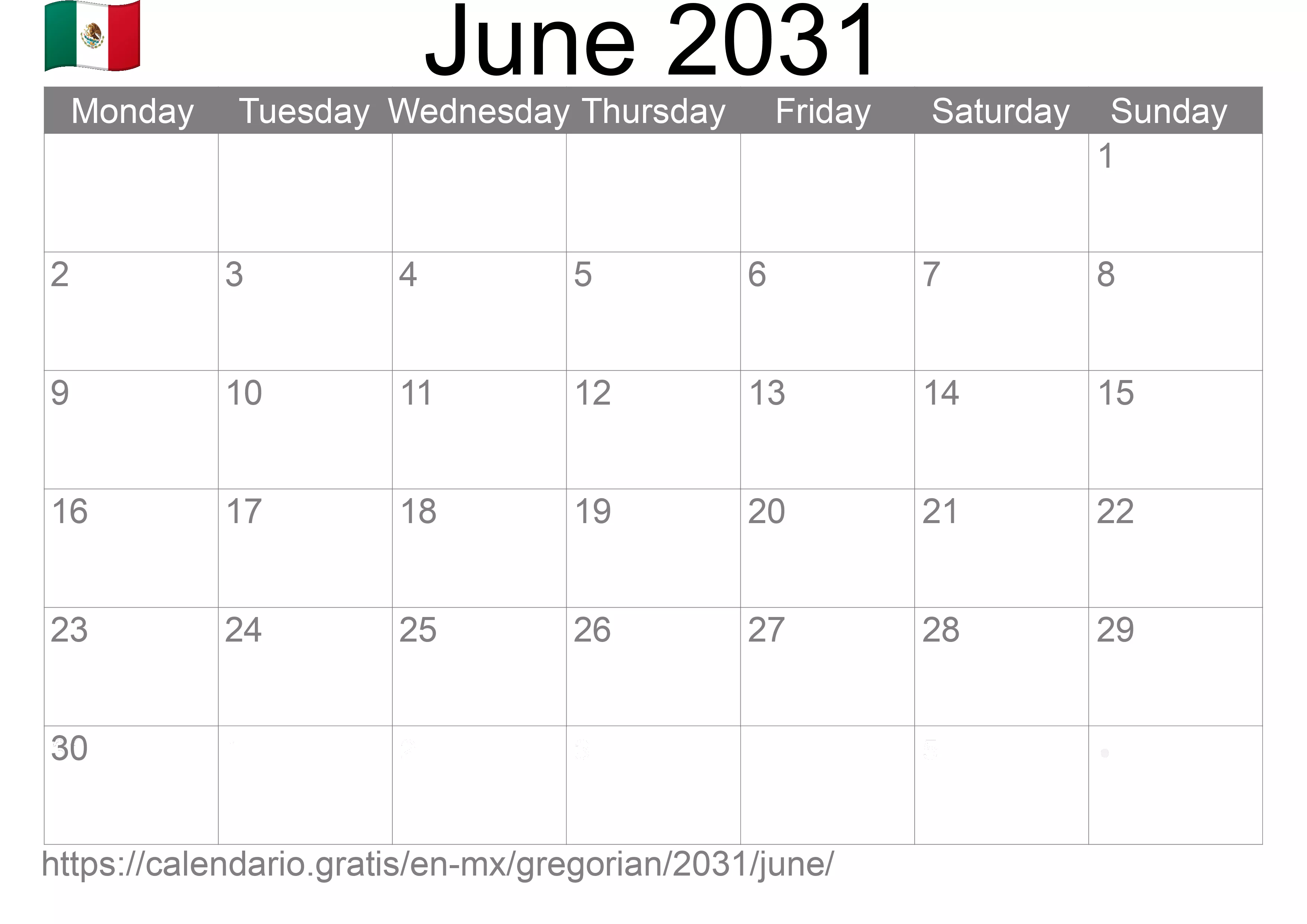 Calendar June 2031 to print (Mexico) Calendar June 2031 to print (Mexico)
