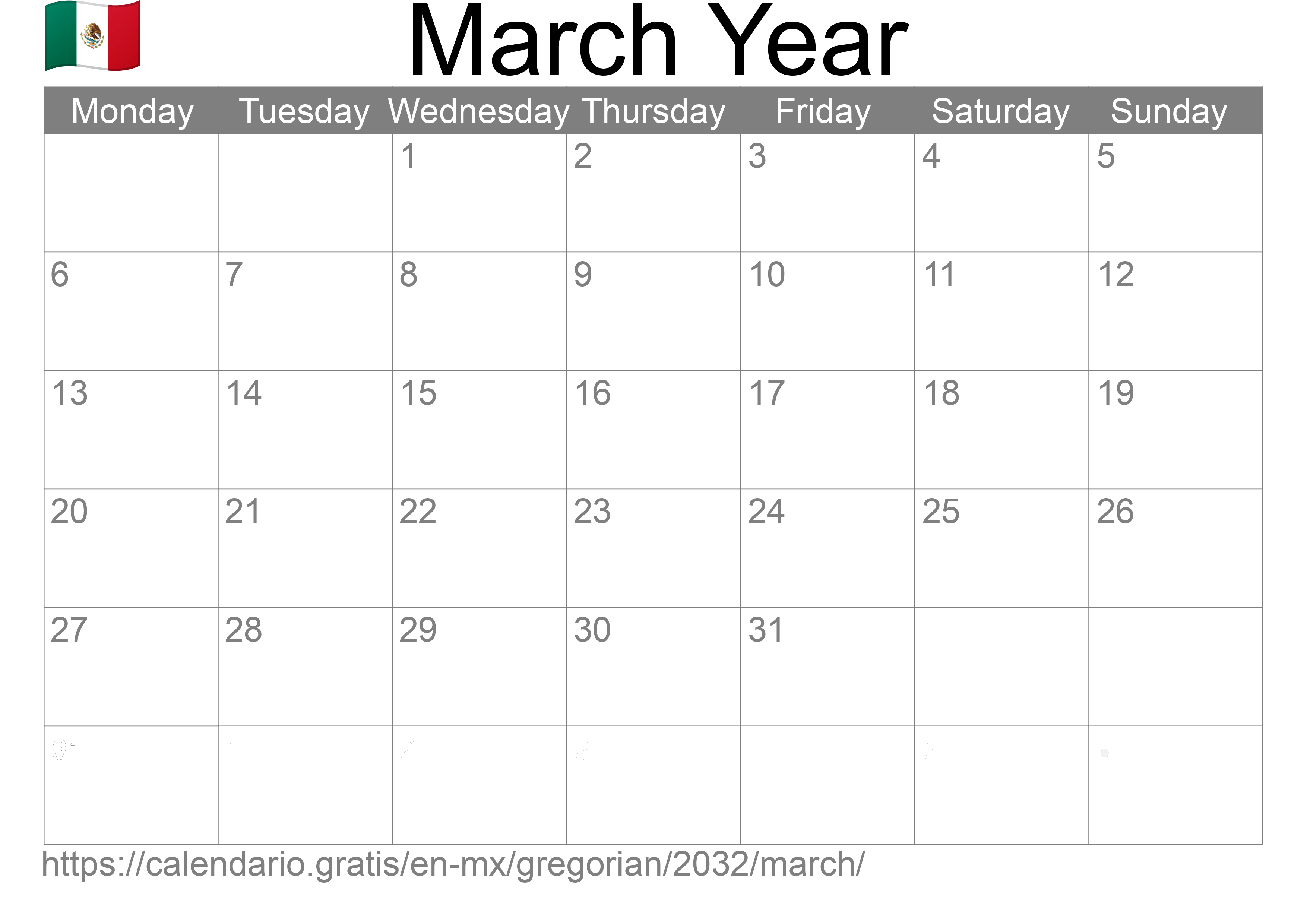 Calendar March 2032 to print