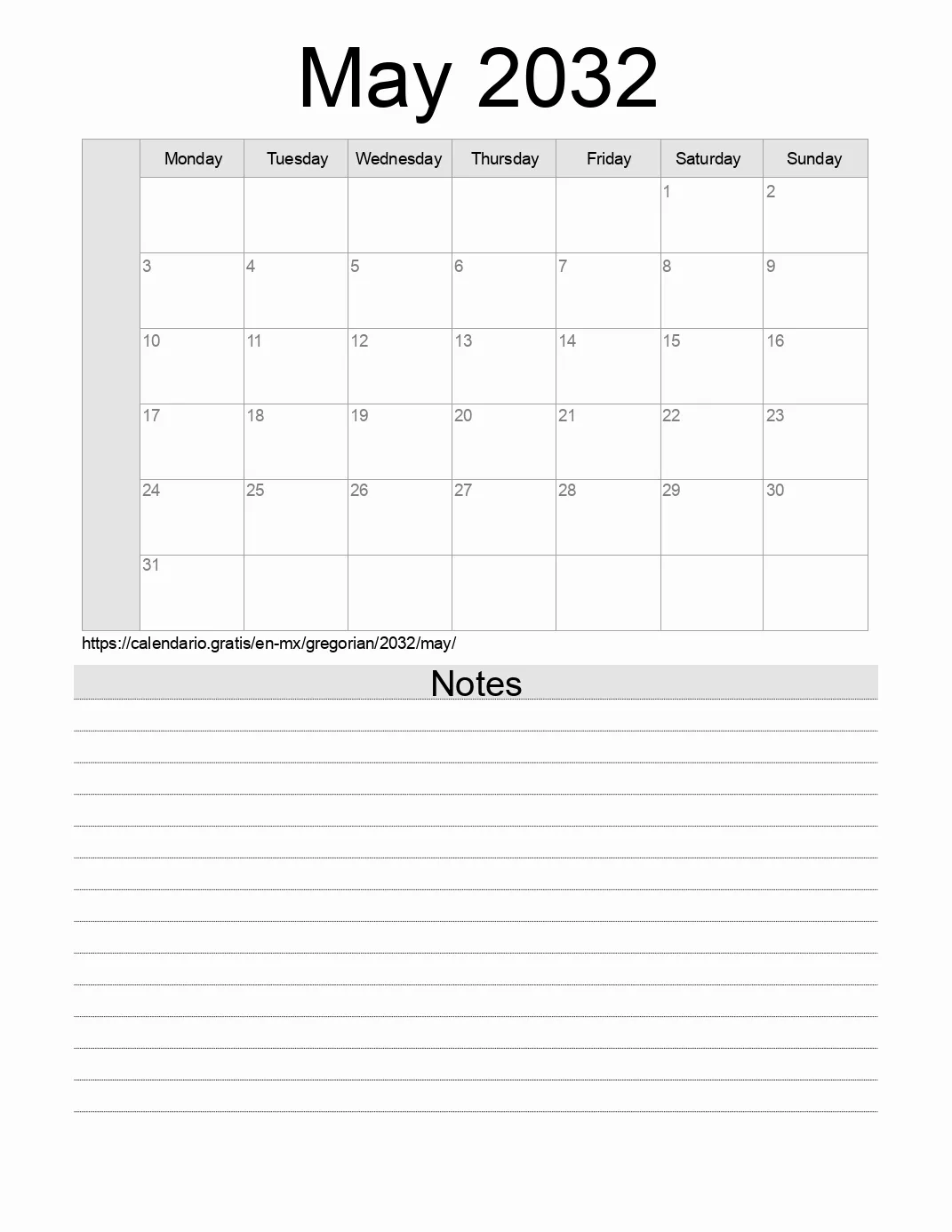 Calendar for printing with notes for 2032 May . (Mexico) Calendar for printing with notes for 2032 May . (Mexico)