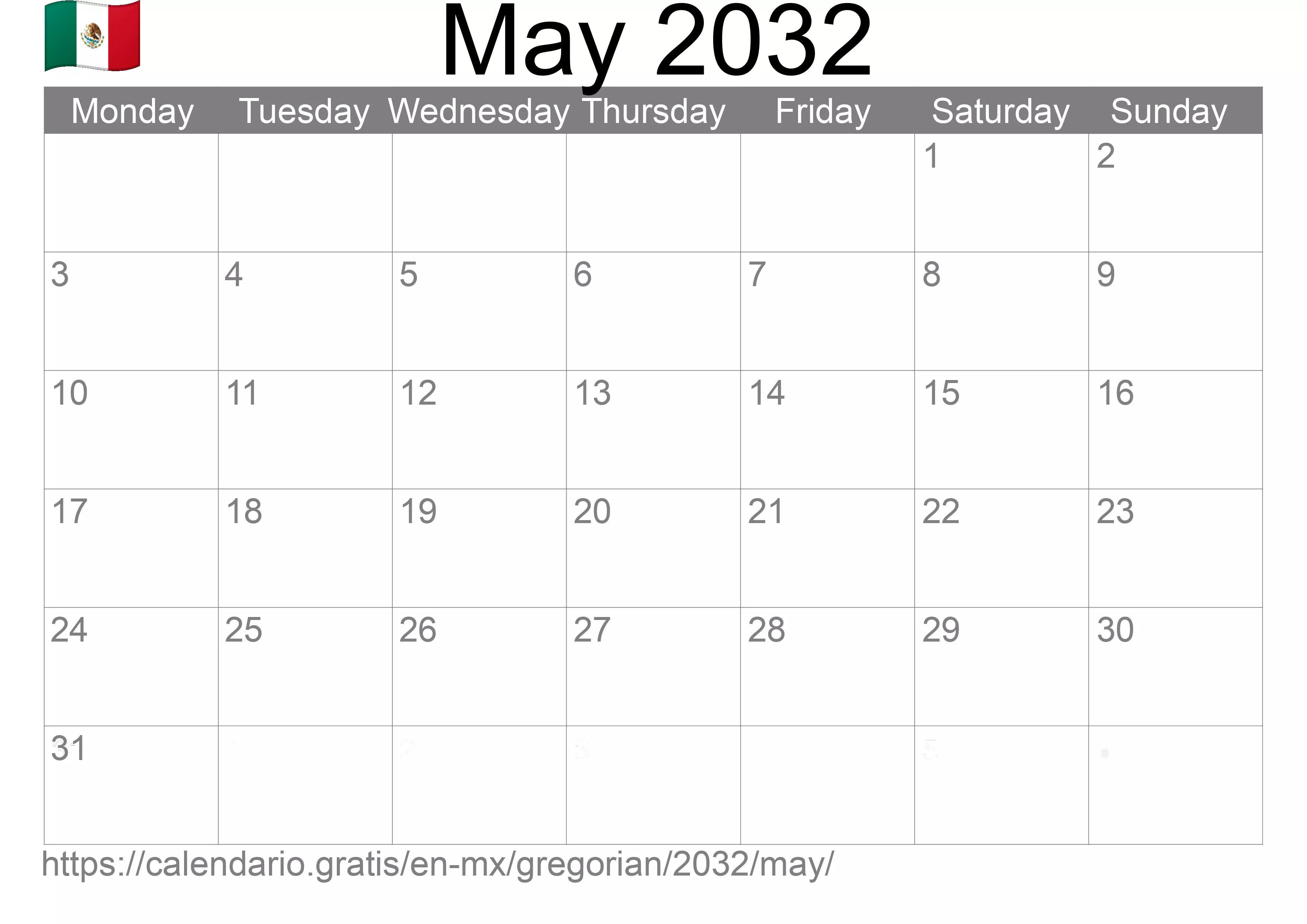 Calendar May 2032 to print (Mexico) Calendar May 2032 to print (Mexico)