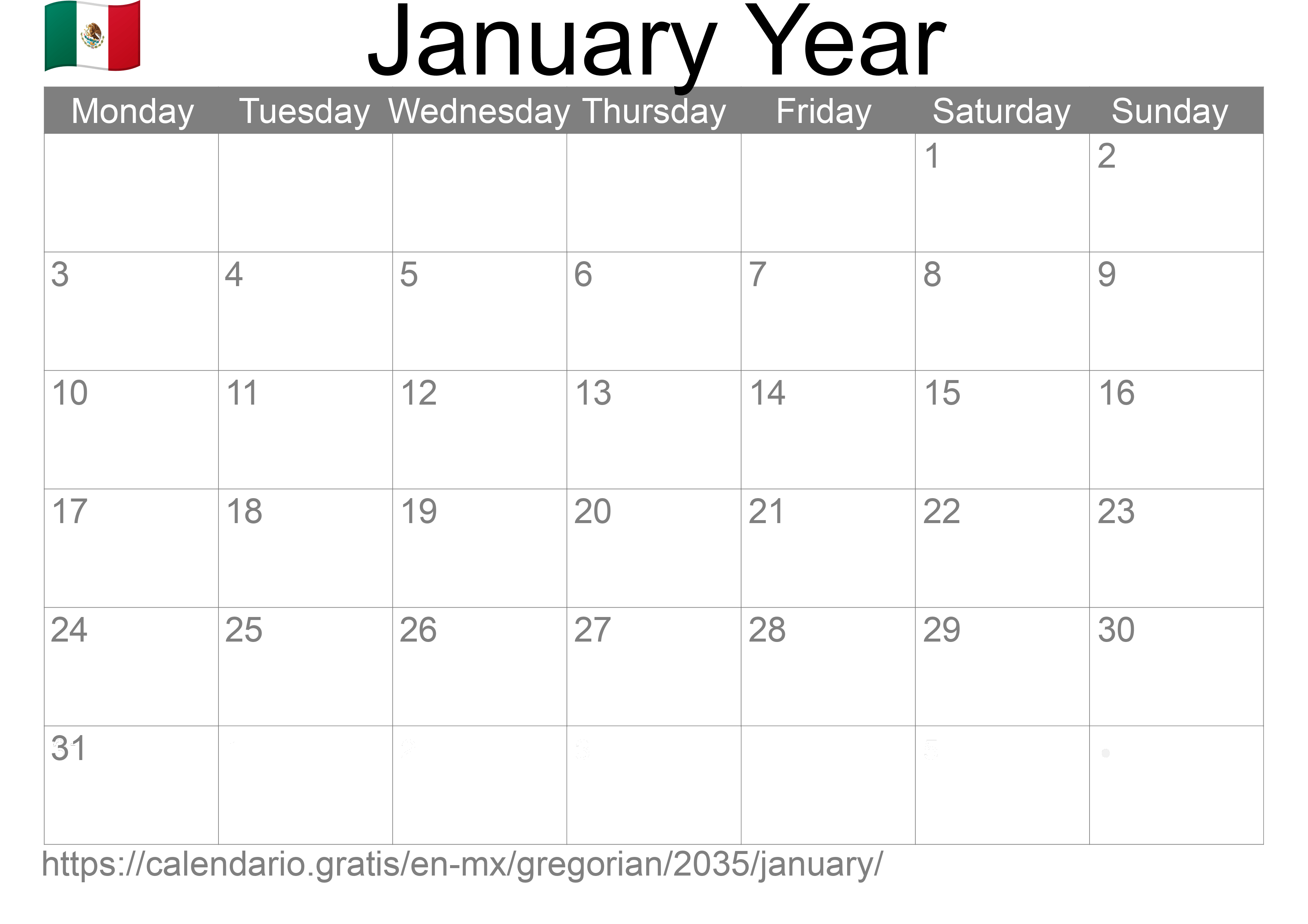 Calendar January 2035 to print