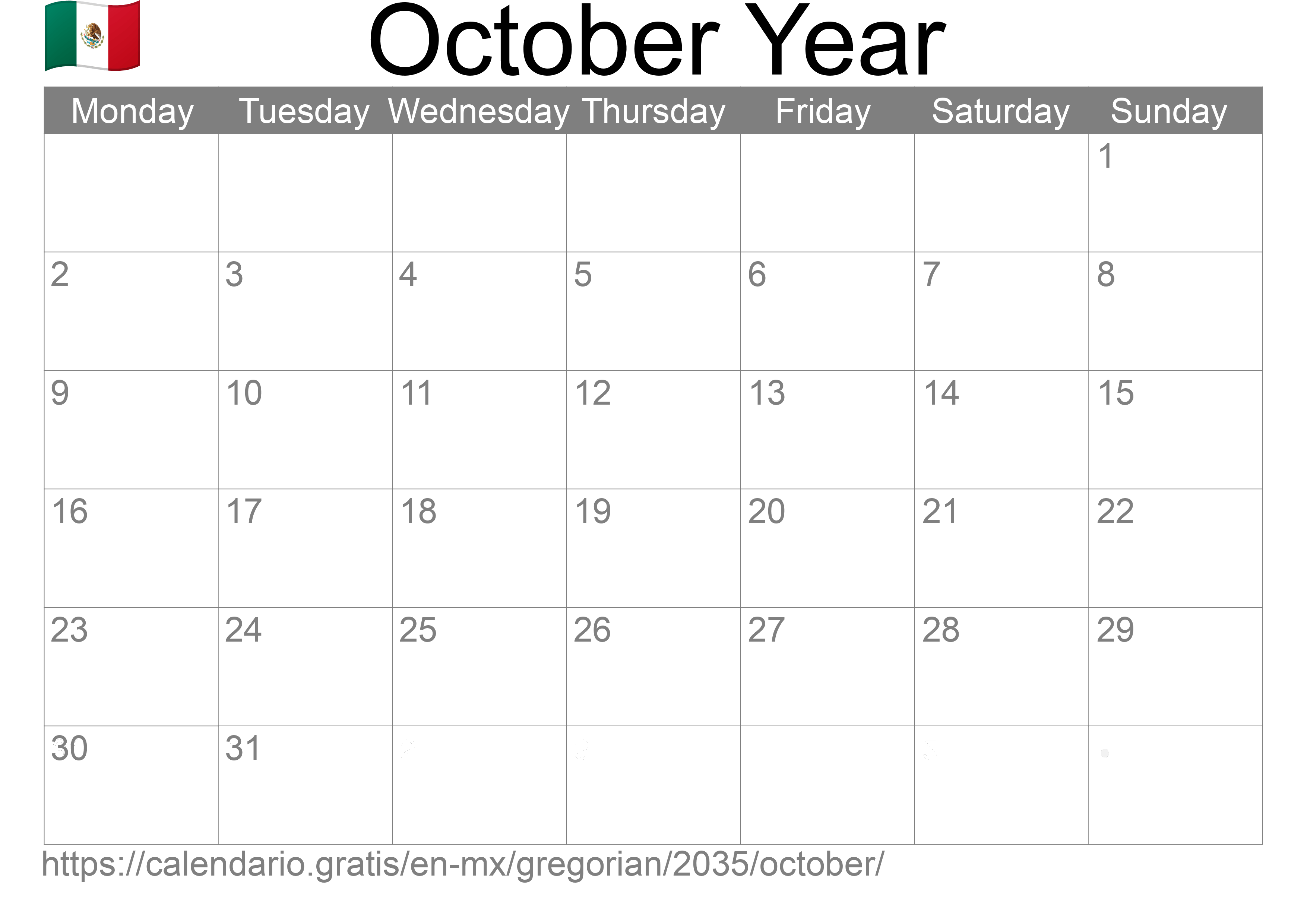 Calendar October 2035 to print