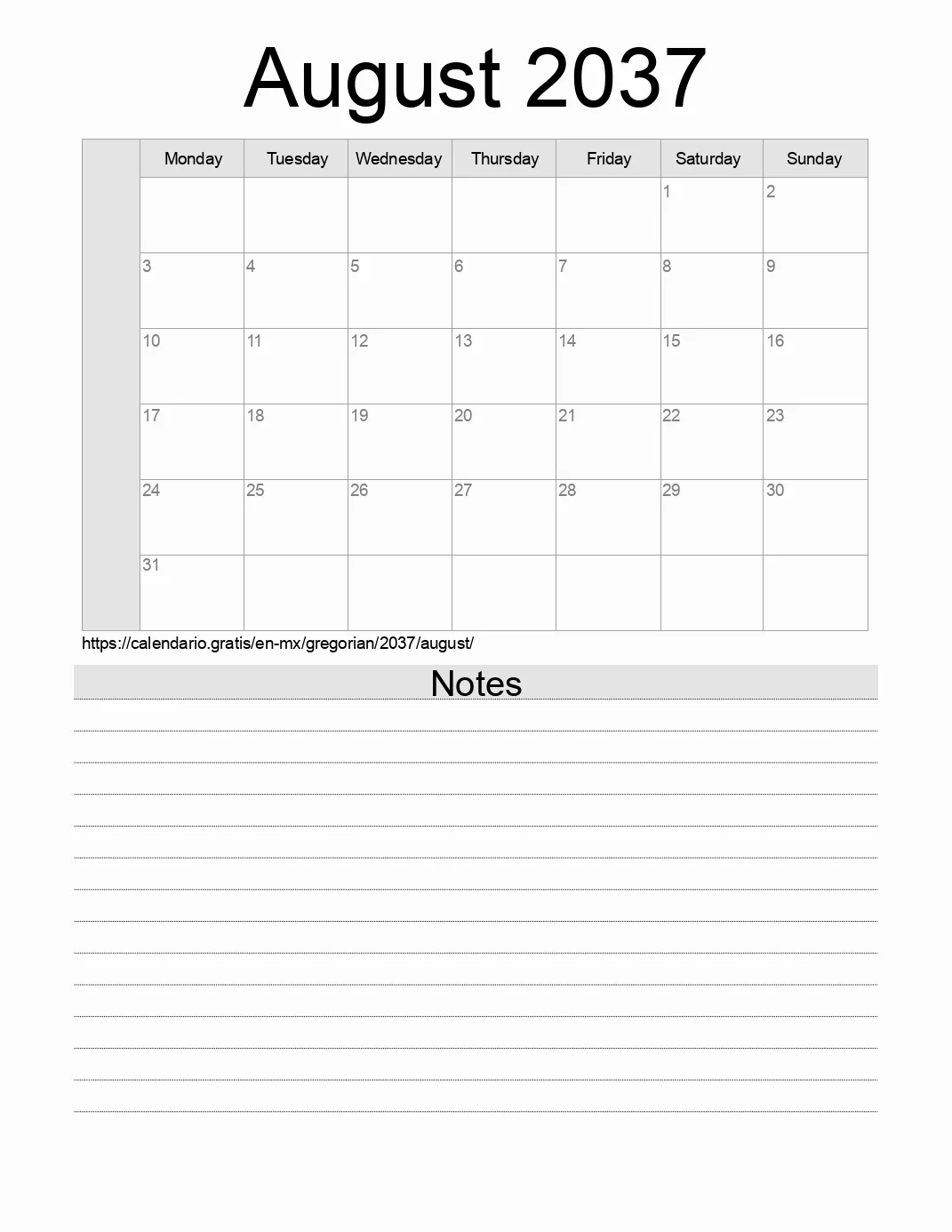 Calendar for printing with notes for 2037 August . (Mexico) Calendar for printing with notes for 2037 August . (Mexico)