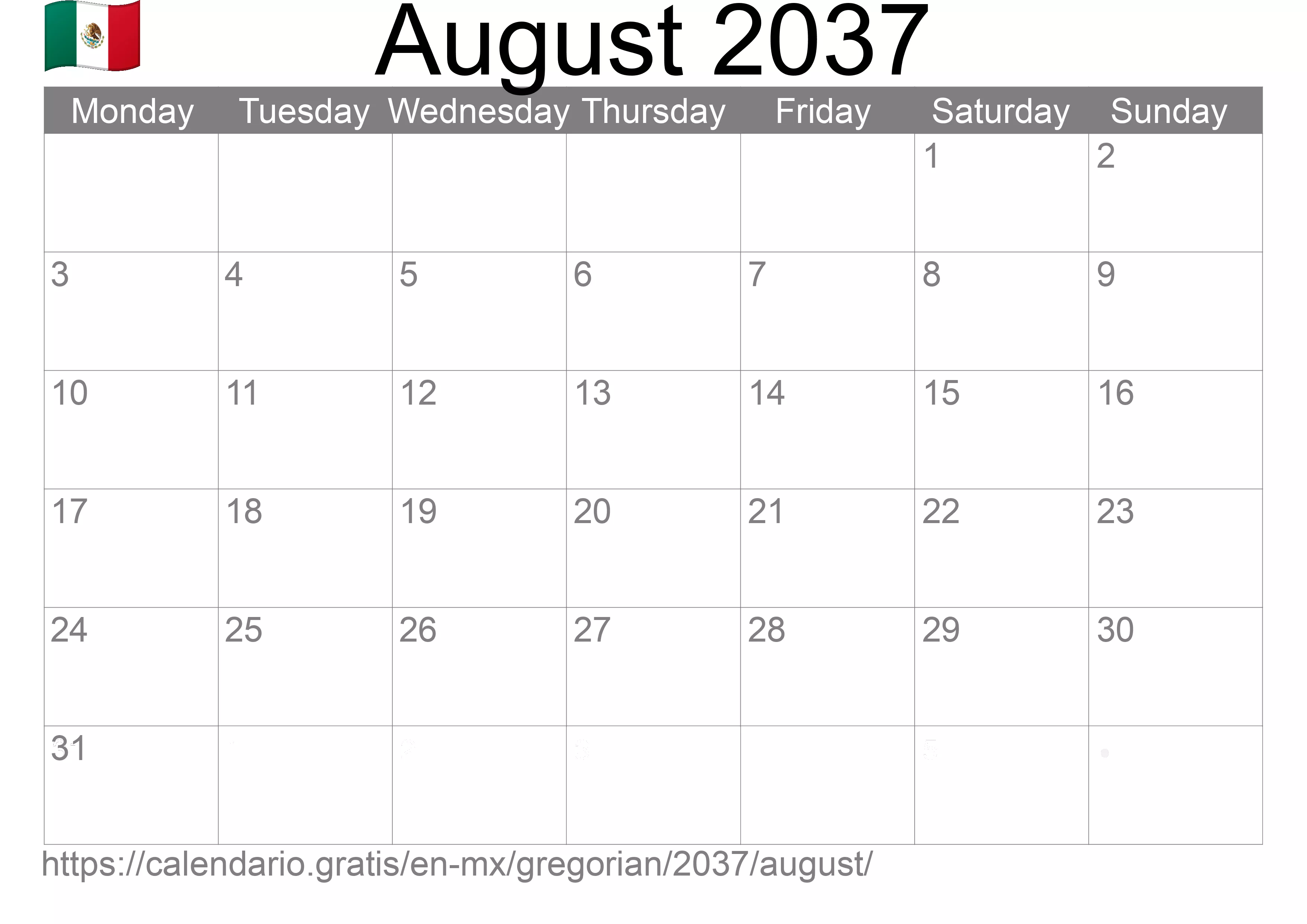 Calendar August 2037 to print (Mexico) Calendar August 2037 to print (Mexico)