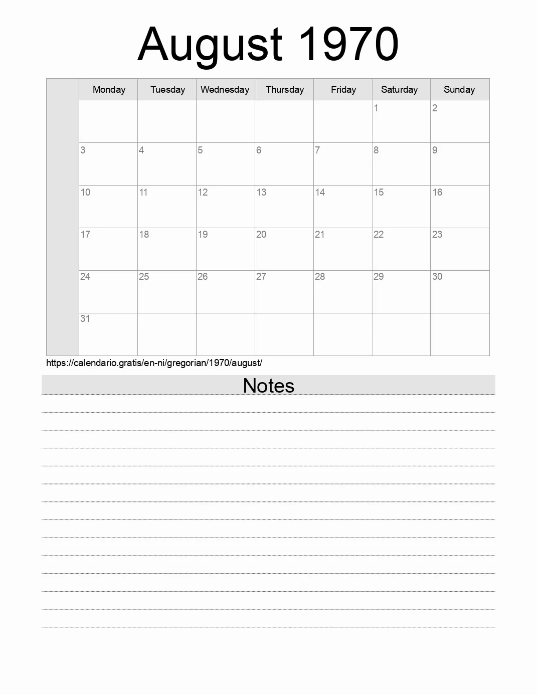 Calendar for printing with notes for 1970 August . (Nicaragua) Calendar for printing with notes for 1970 August . (Nicaragua)