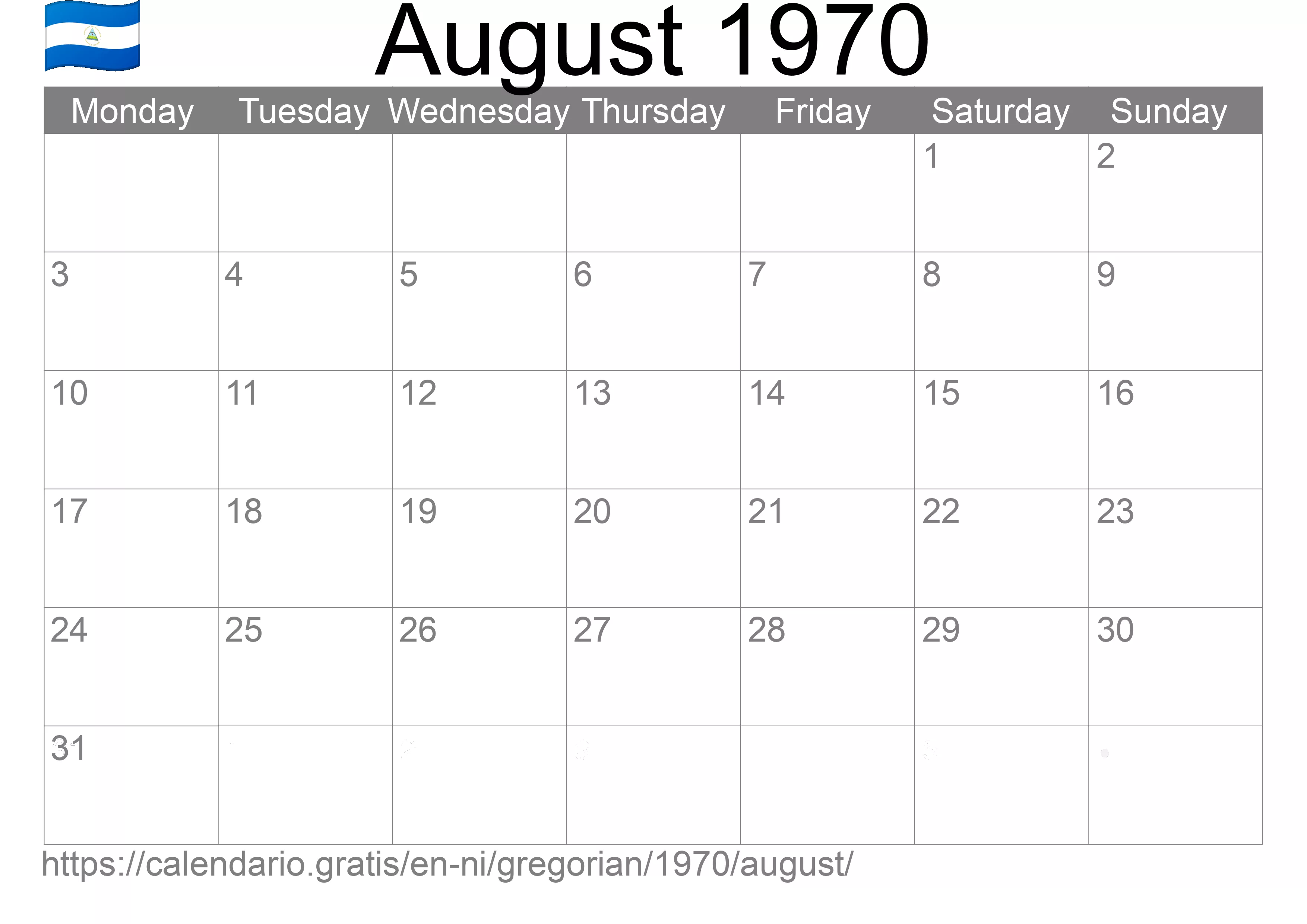 Calendar August 1970 to print (Nicaragua) Calendar August 1970 to print (Nicaragua)
