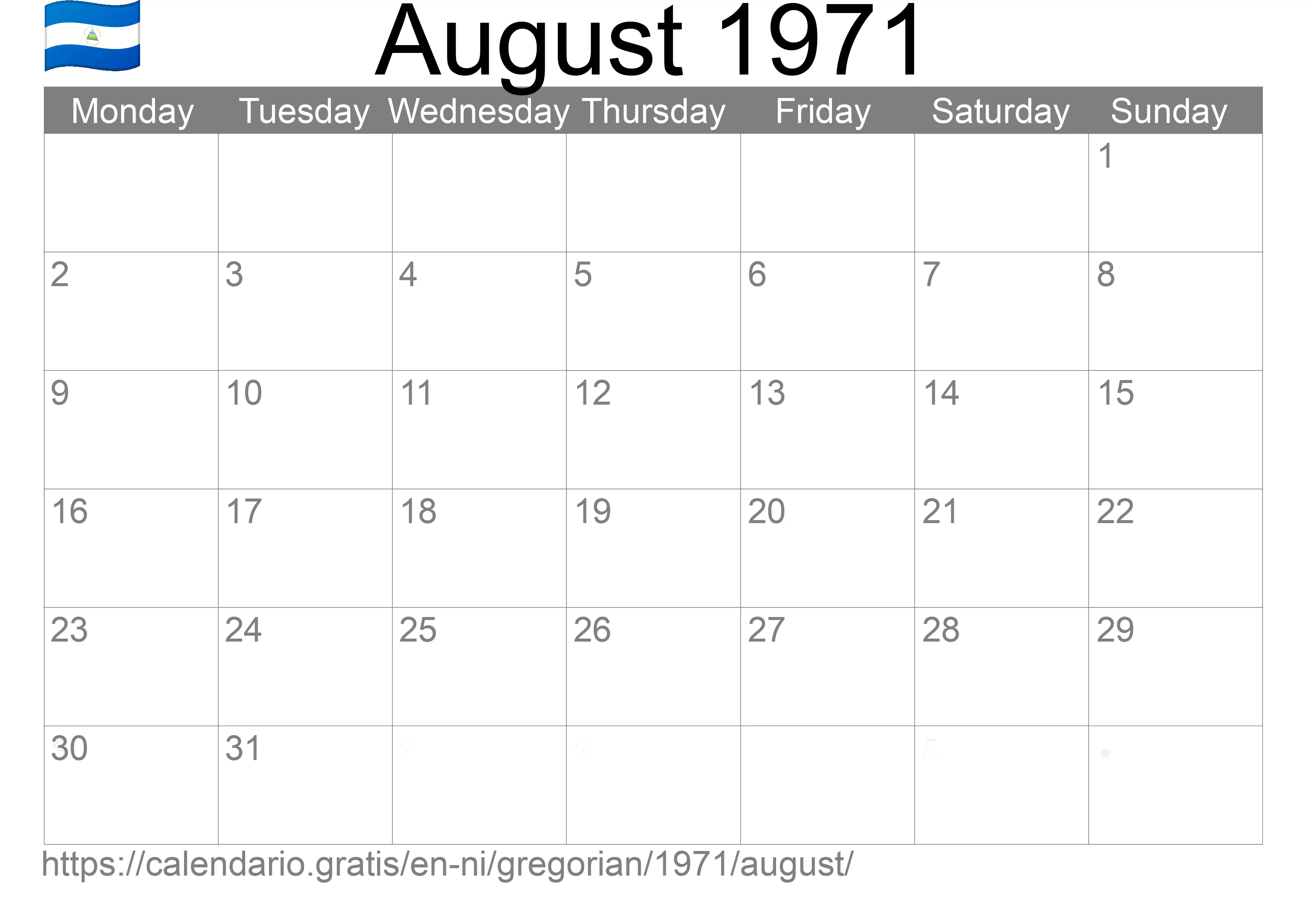 Calendar August 1971 to print (Nicaragua) Calendar August 1971 to print (Nicaragua)