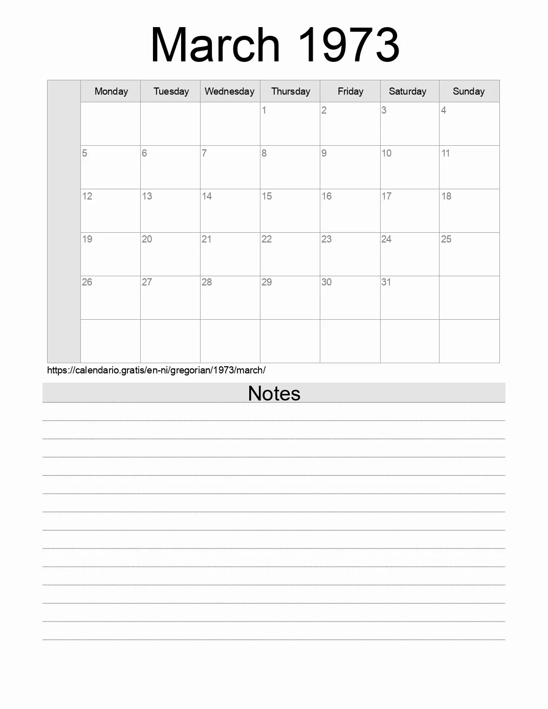 Calendar for printing with notes for 1973 March . (Nicaragua)