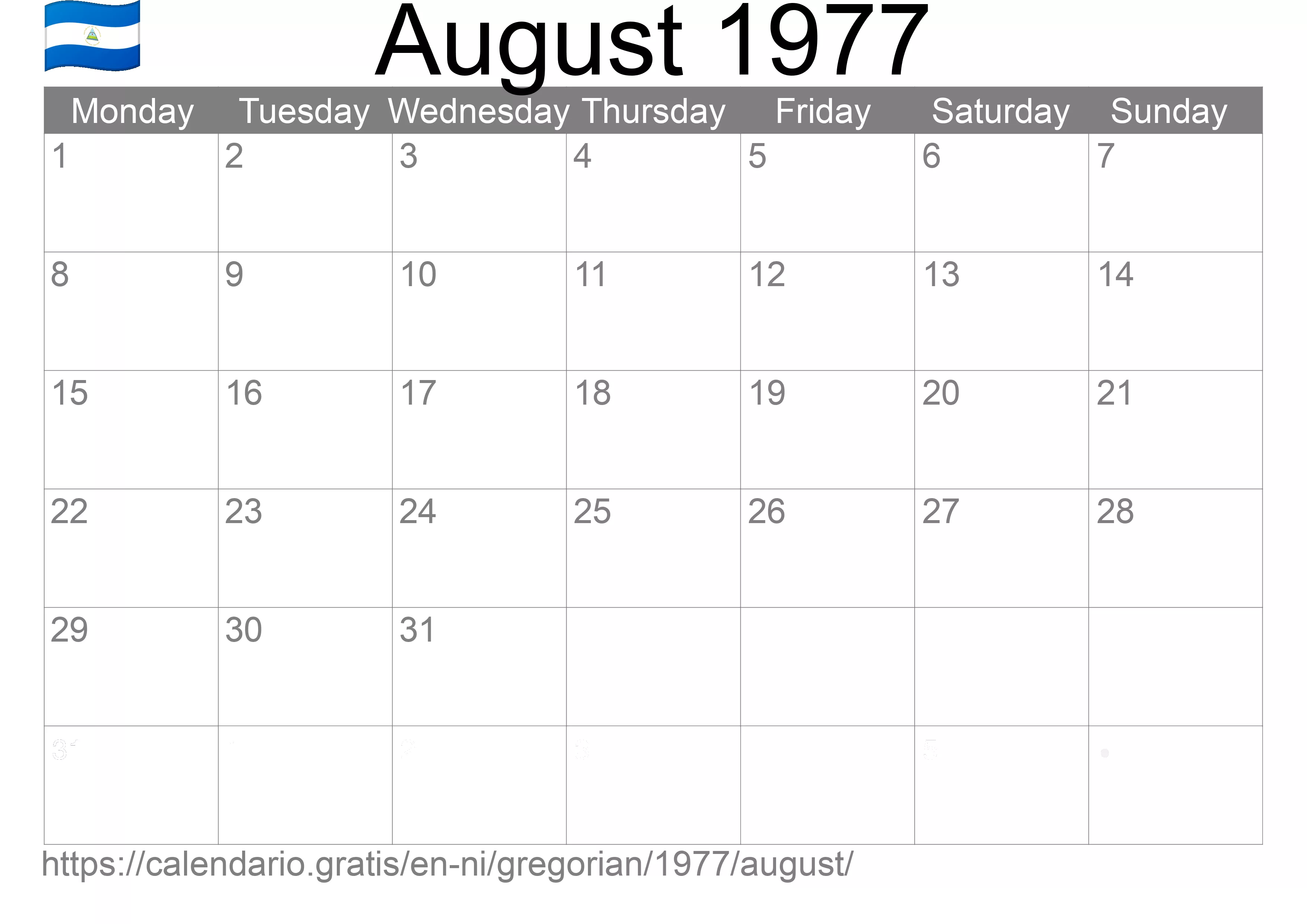 Calendar August 1977 to print (Nicaragua) Calendar August 1977 to print (Nicaragua)