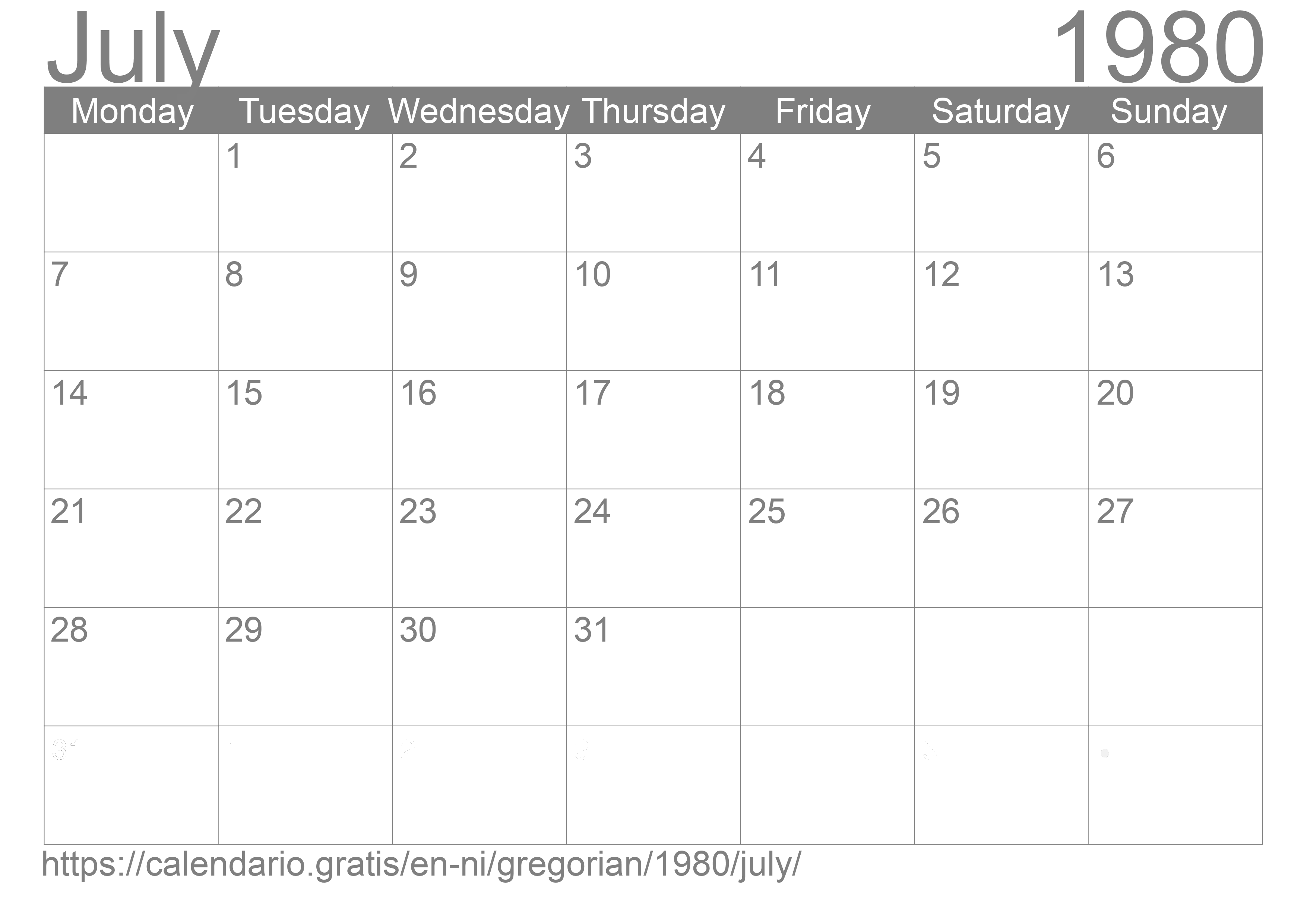 Calendar July 1980 to print