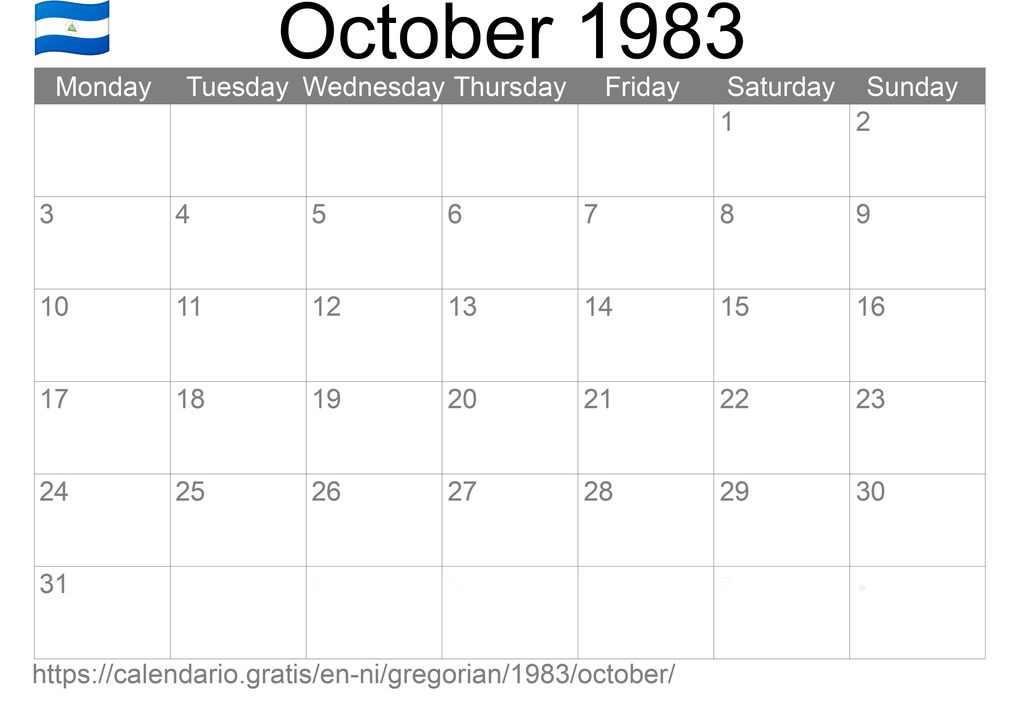 Calendar October 1983 to print