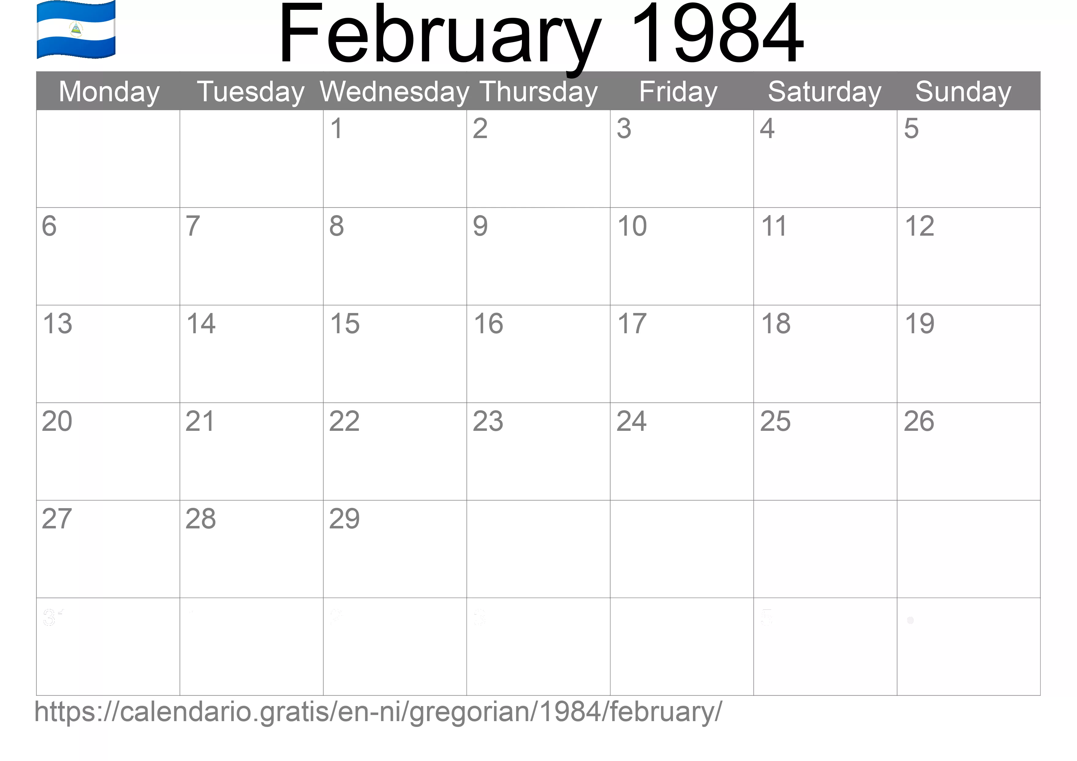 Calendar February 1984 to print (Nicaragua) Calendar February 1984 to print (Nicaragua)