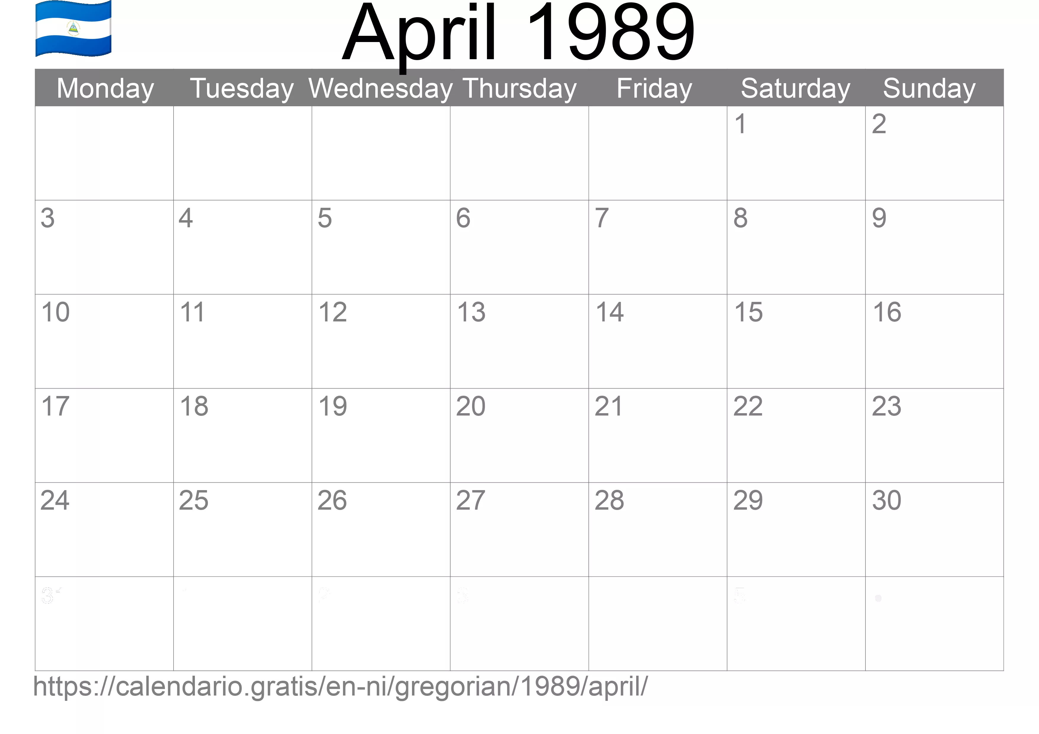 Calendar April 1989 to print (Nicaragua) Calendar April 1989 to print (Nicaragua)