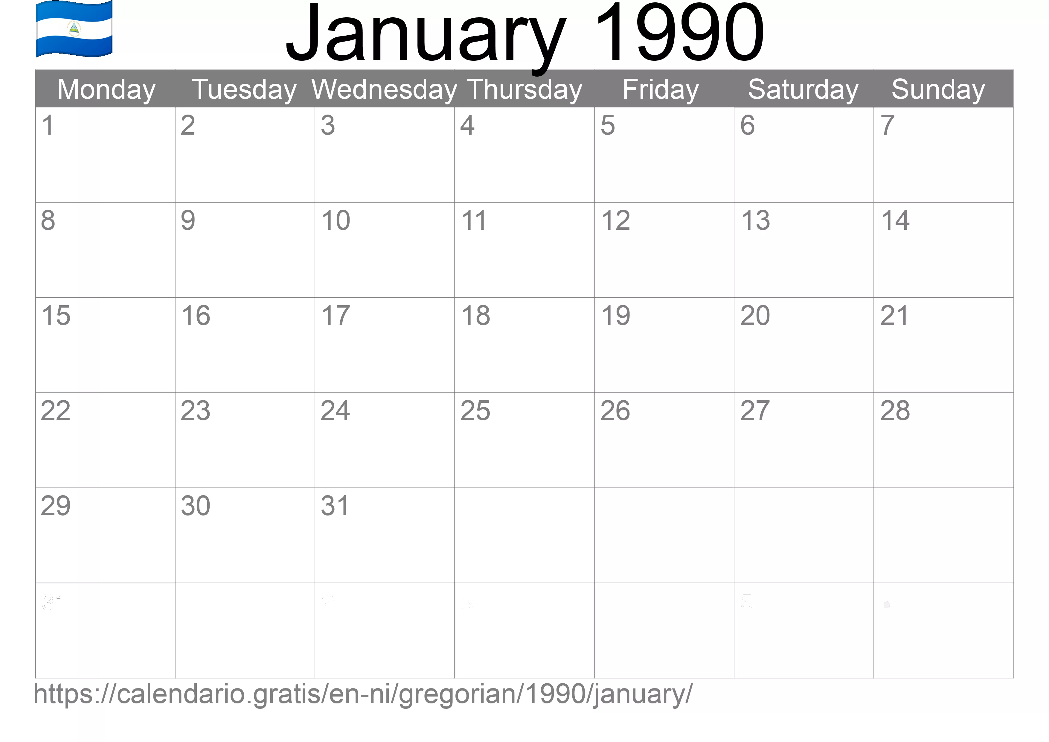 Calendar January 1990 to print (Nicaragua)