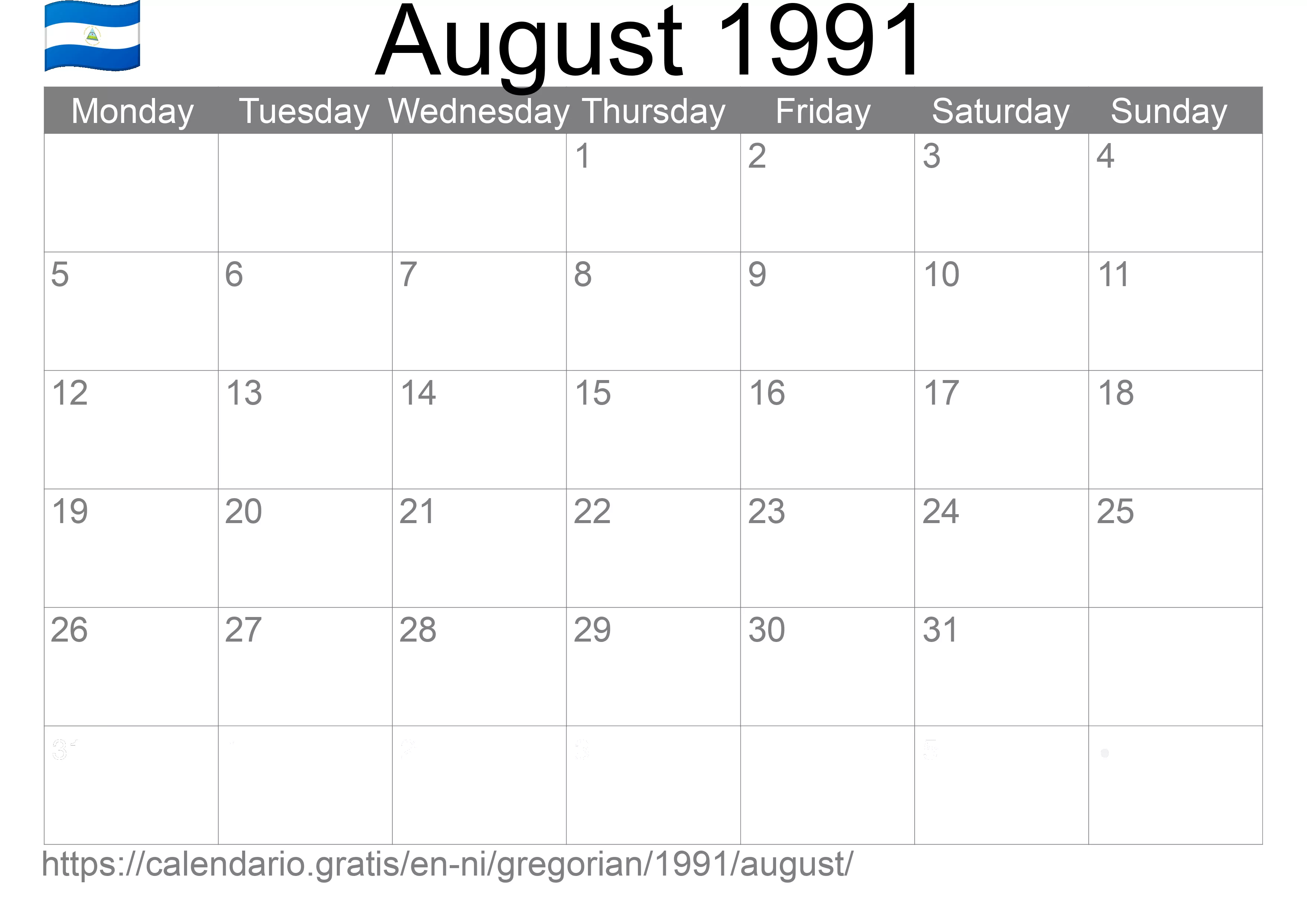 Calendar August 1991 to print (Nicaragua) Calendar August 1991 to print (Nicaragua)