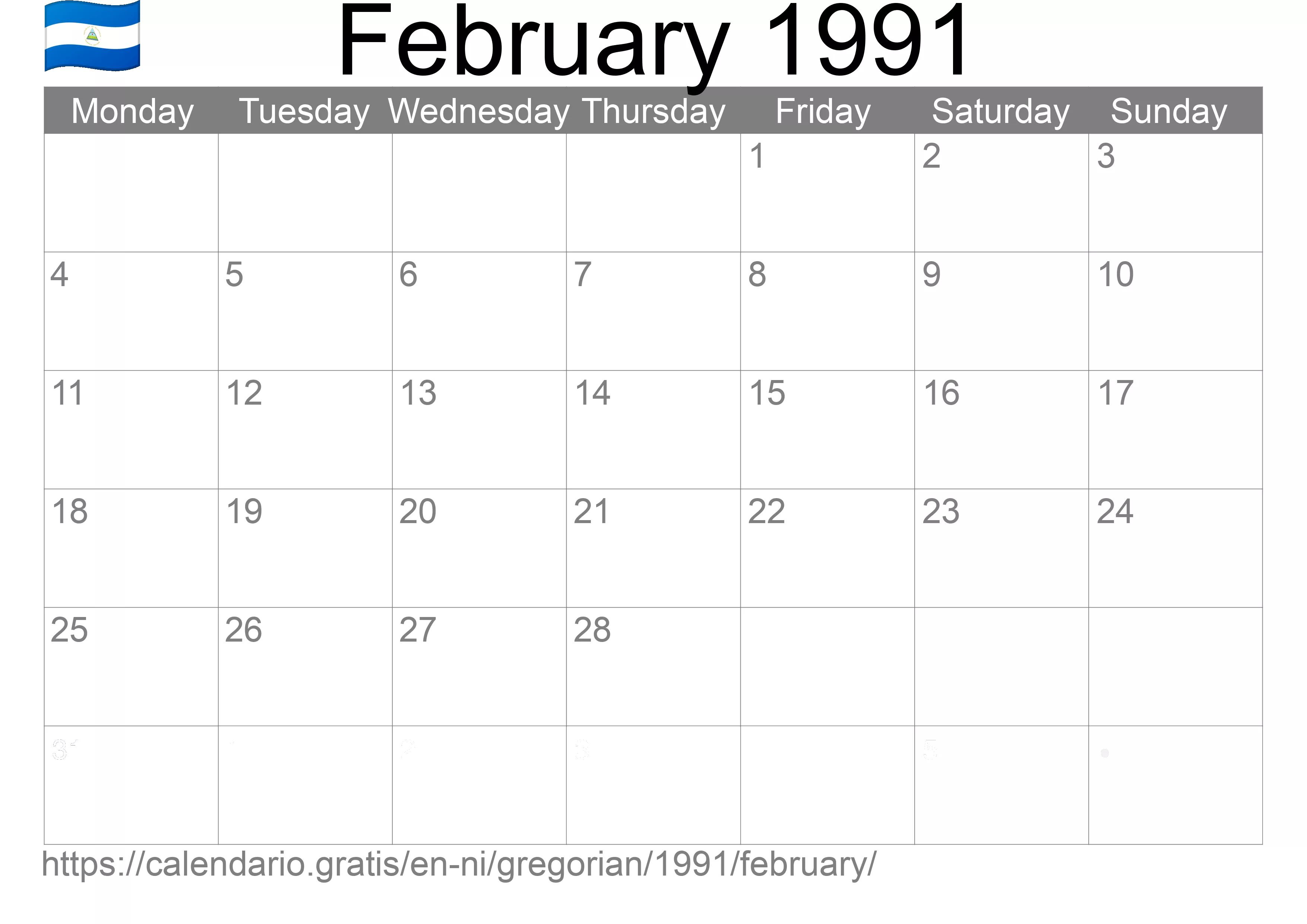Calendar February 1991 to print (Nicaragua) Calendar February 1991 to print (Nicaragua)