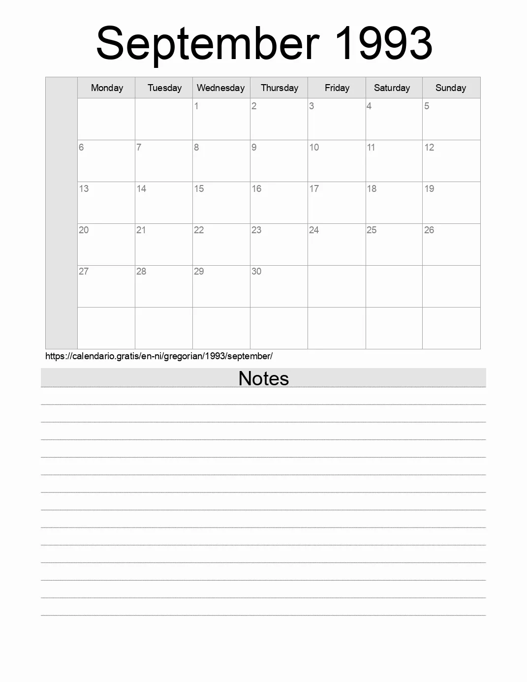 Calendar for printing with notes for 1993 September . (Nicaragua)