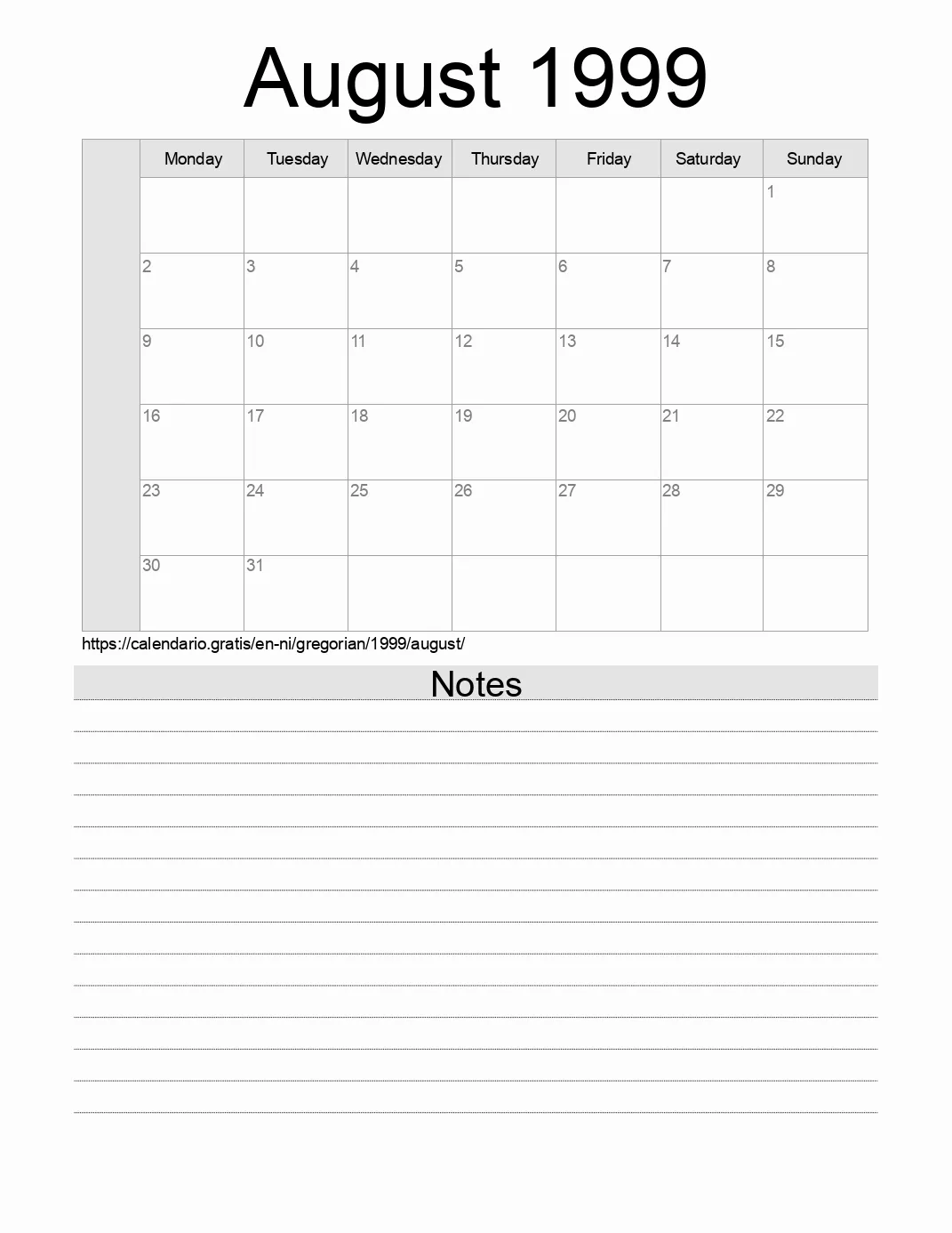 Calendar for printing with notes for 1999 August . (Nicaragua) Calendar for printing with notes for 1999 August . (Nicaragua)