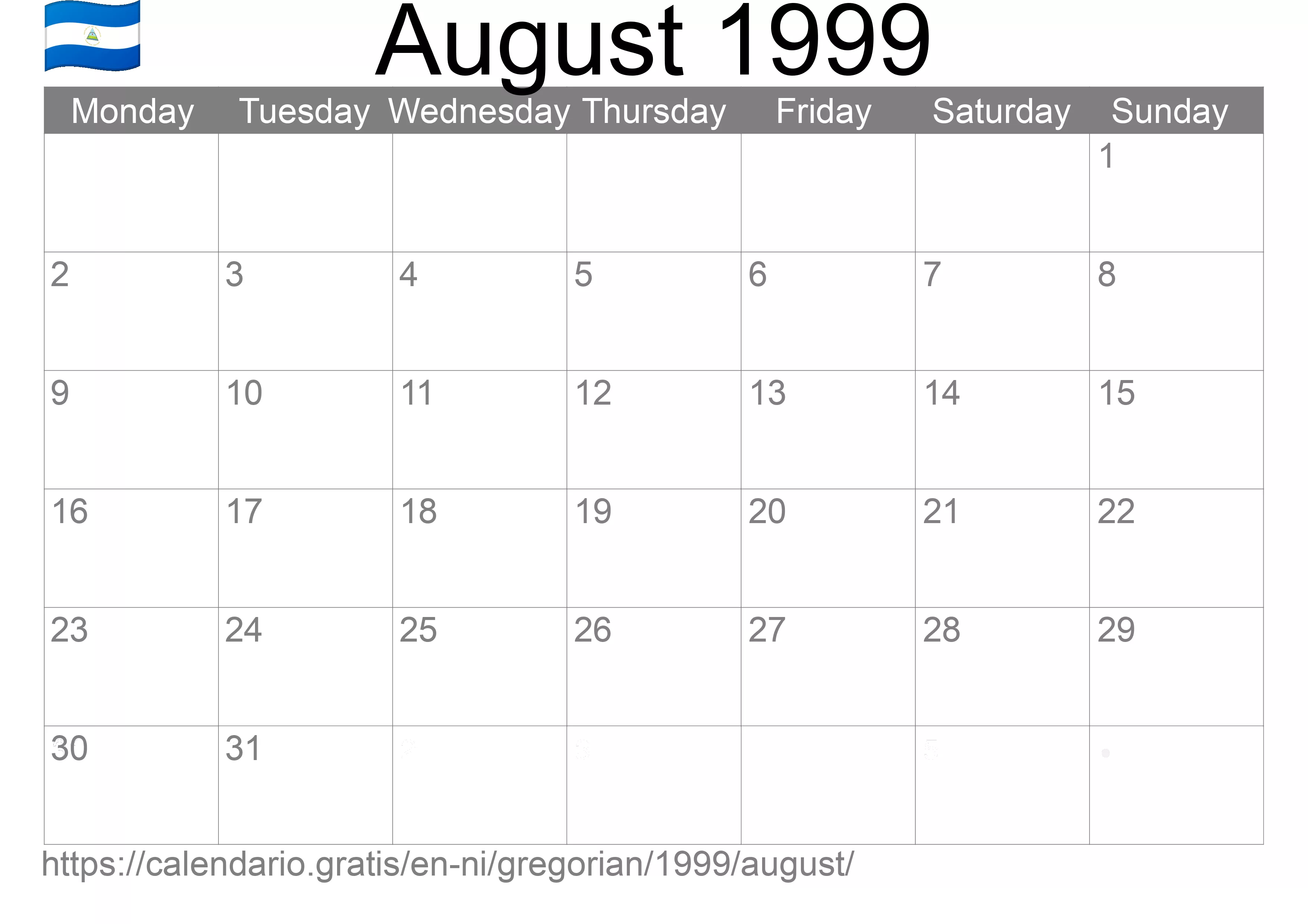 Calendar August 1999 to print (Nicaragua) Calendar August 1999 to print (Nicaragua)