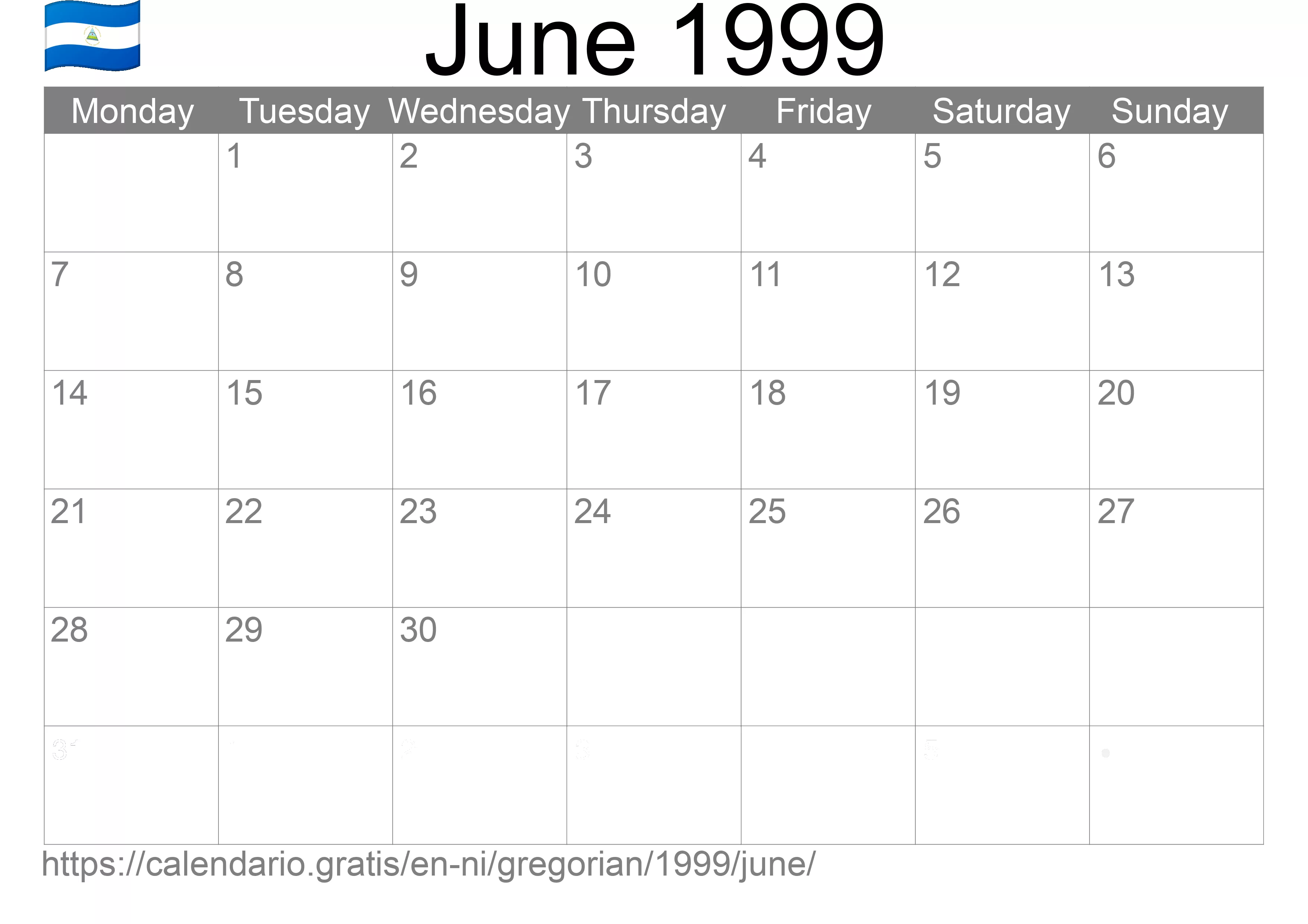 Calendar June 1999 to print (Nicaragua) Calendar June 1999 to print (Nicaragua)