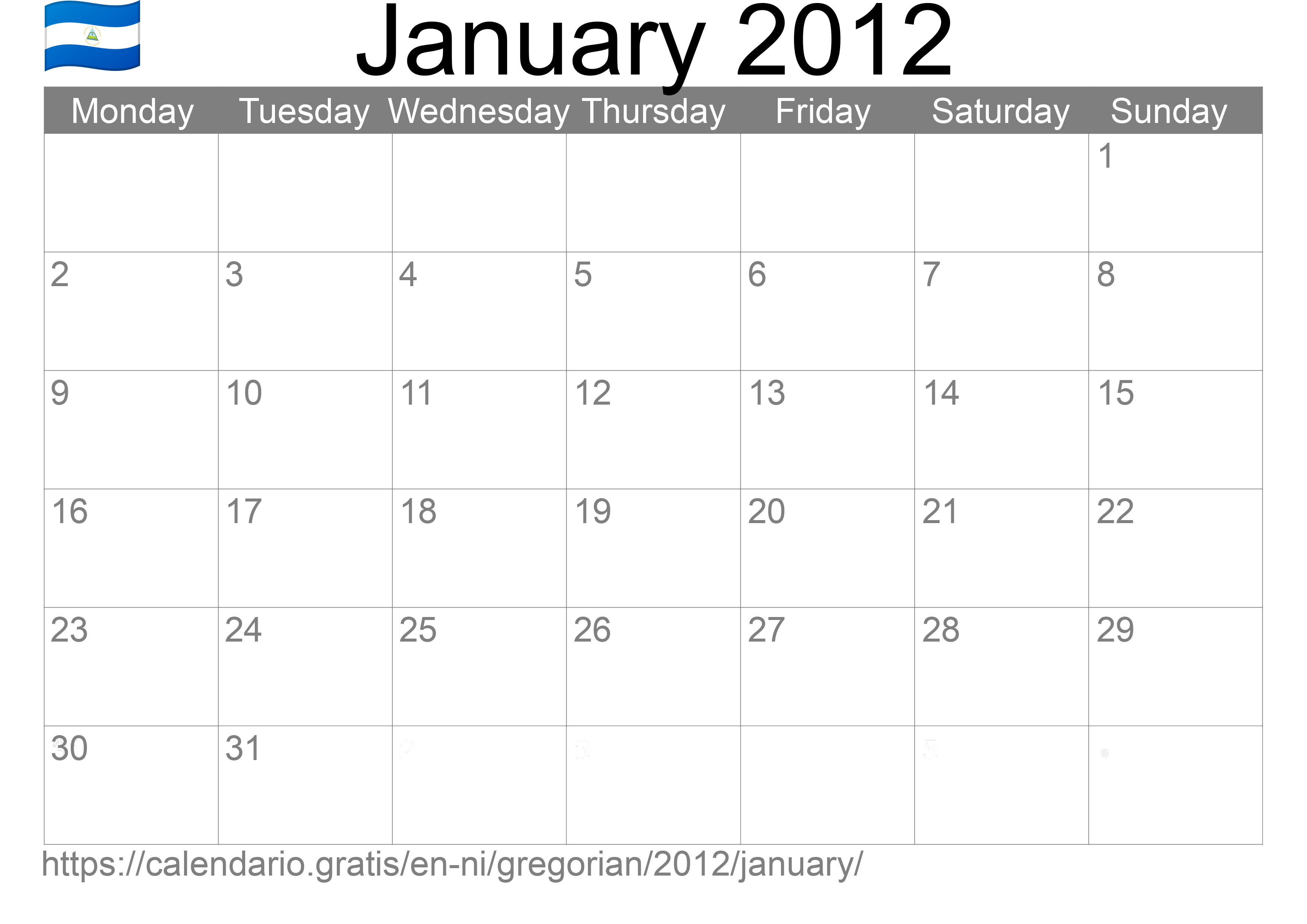 Calendar January 2012 to print