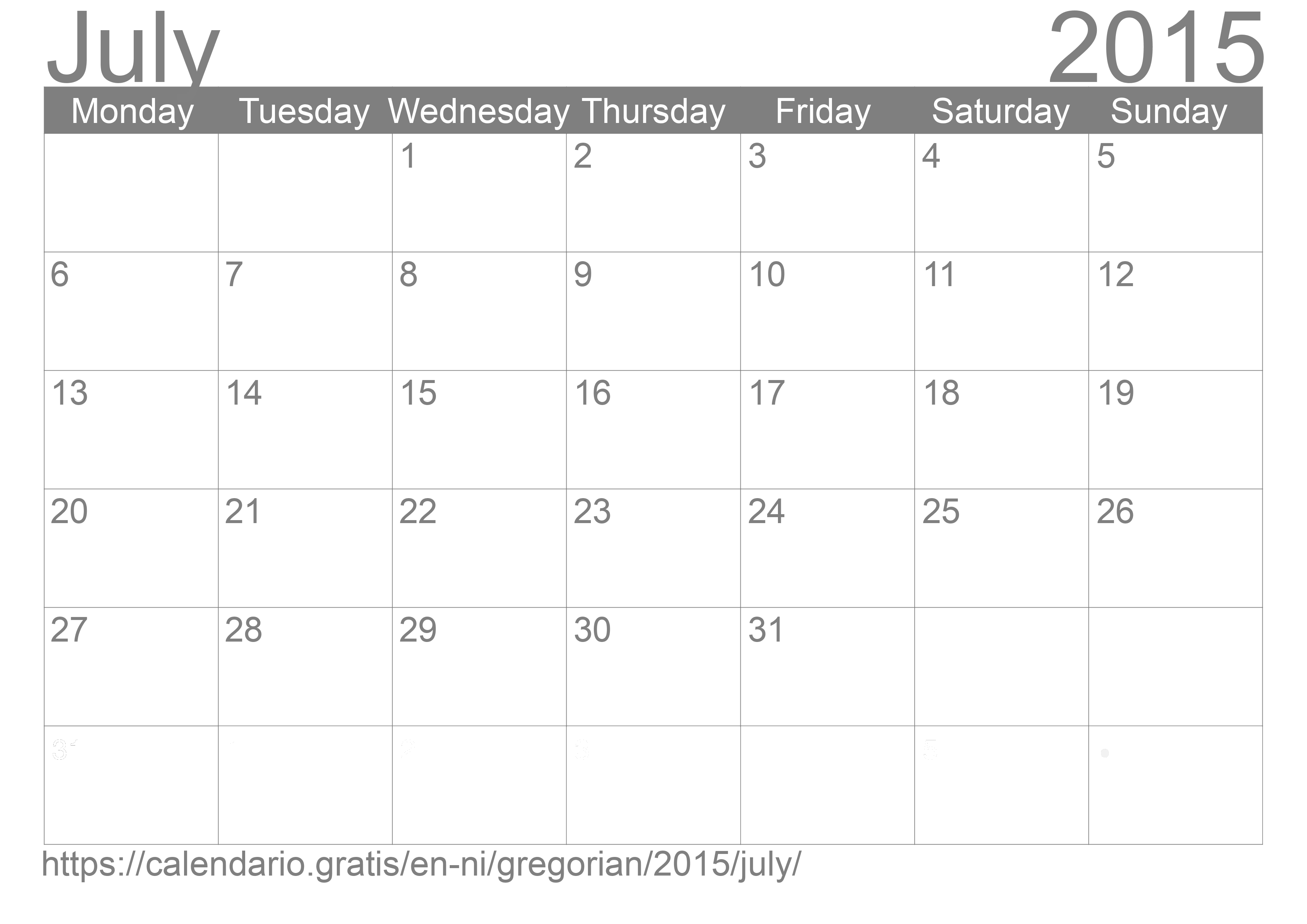 Calendar July 2015 to print