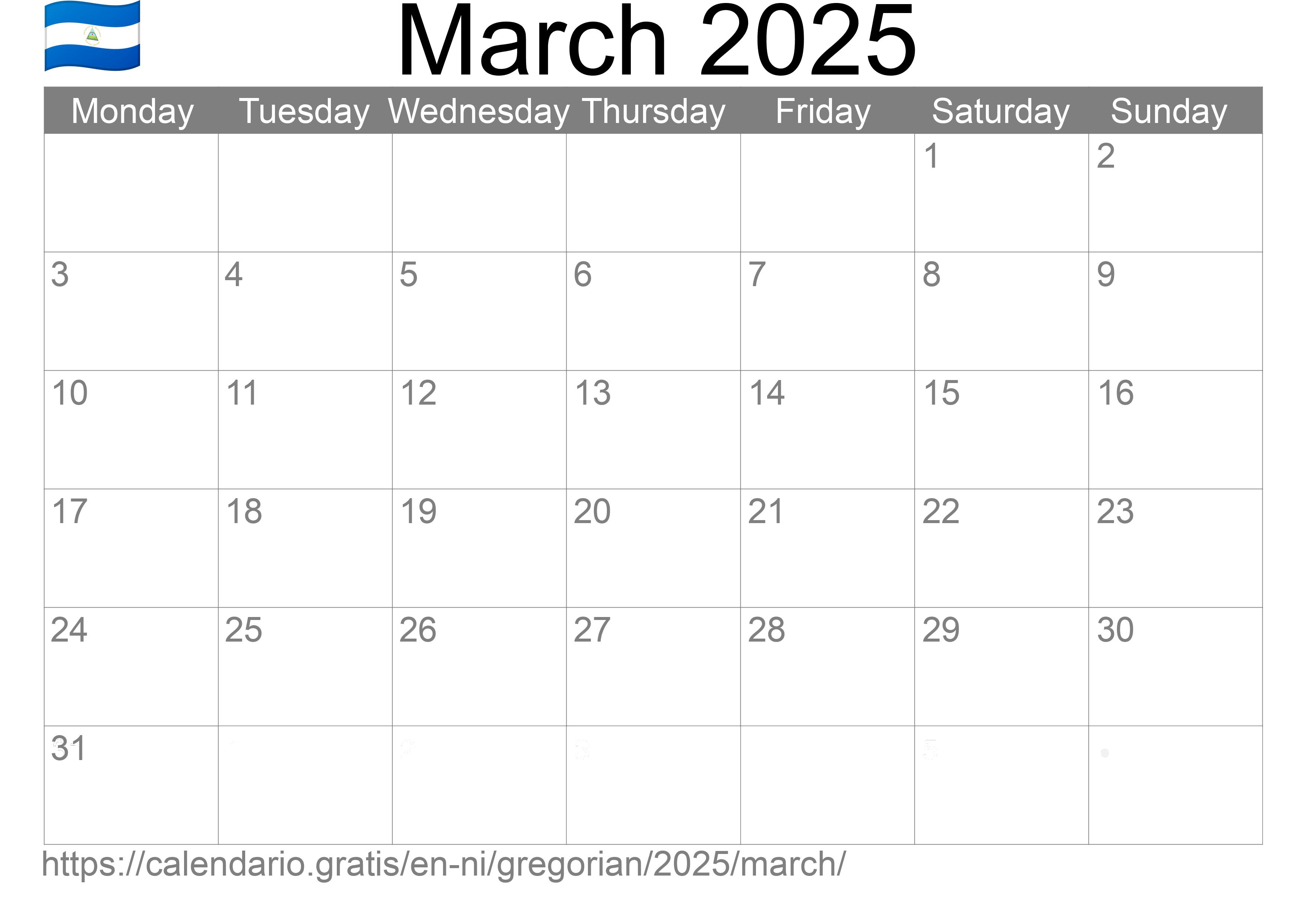 Calendar March 2025 to print