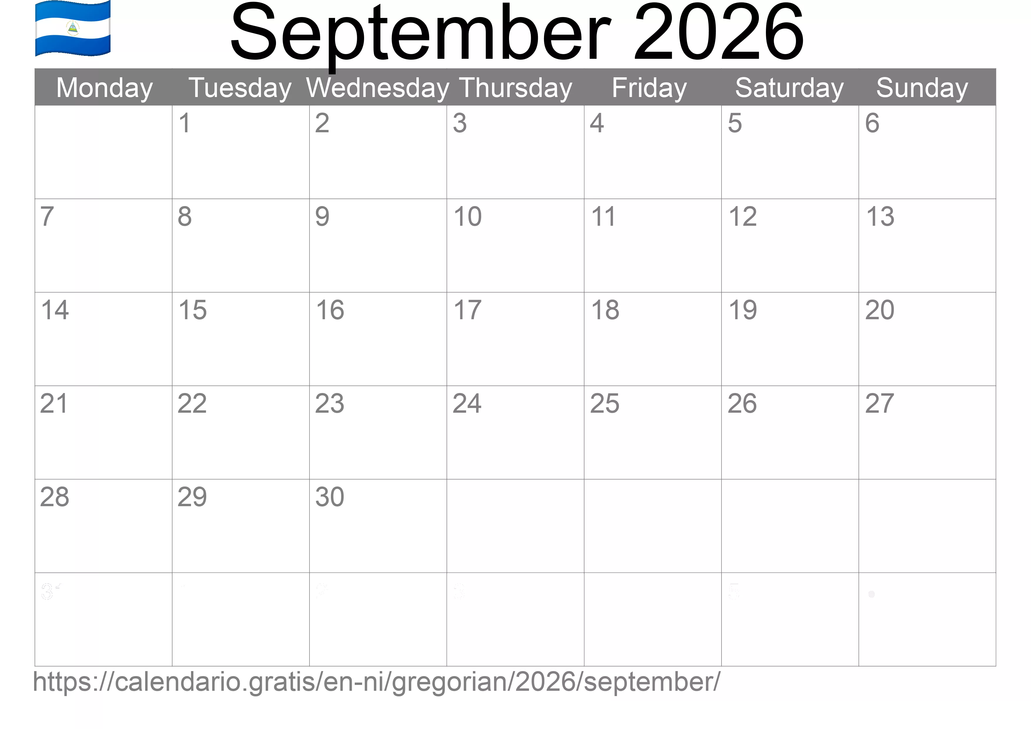 Calendar September 2026 to print (Nicaragua)