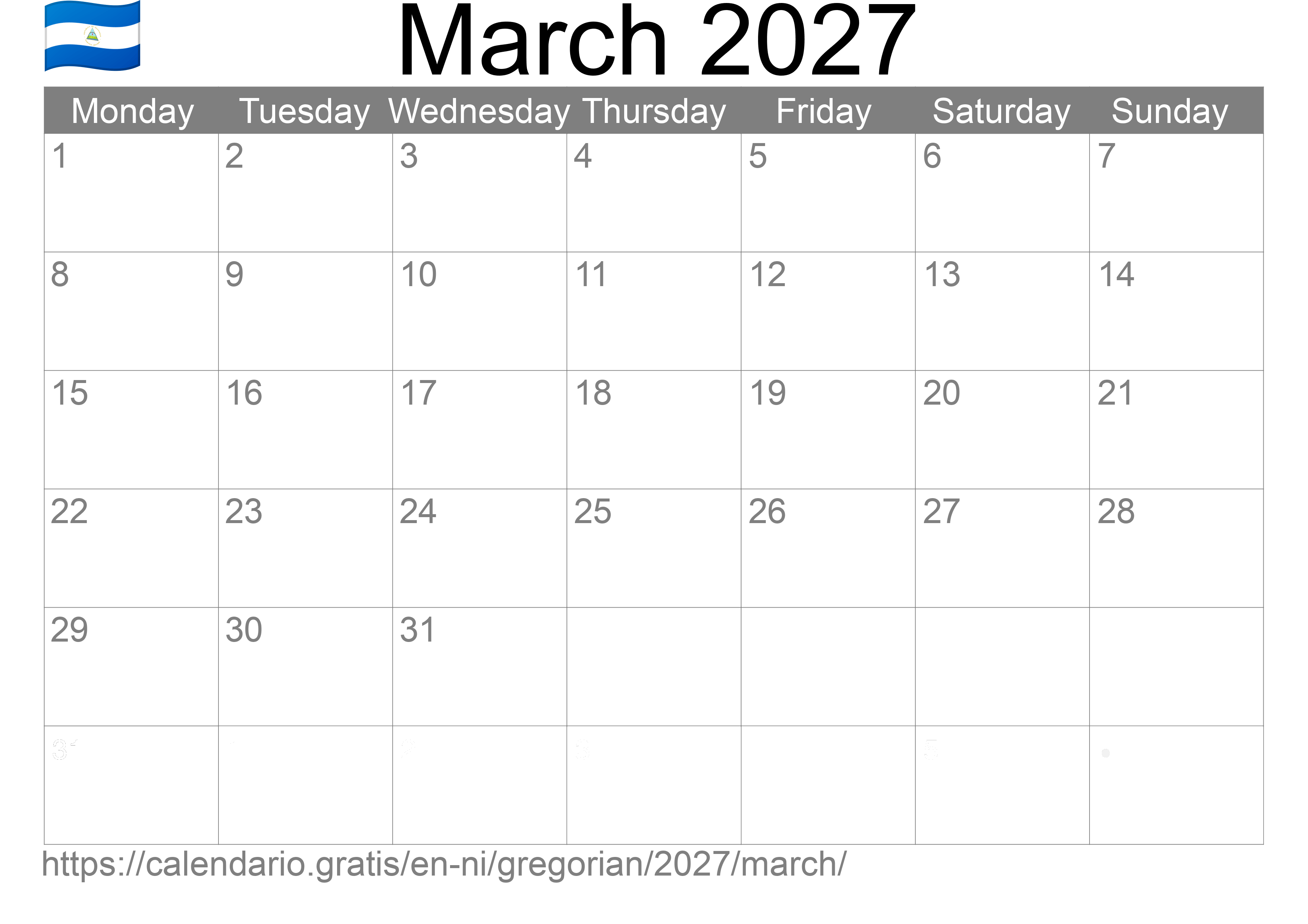 Calendar March 2027 to print