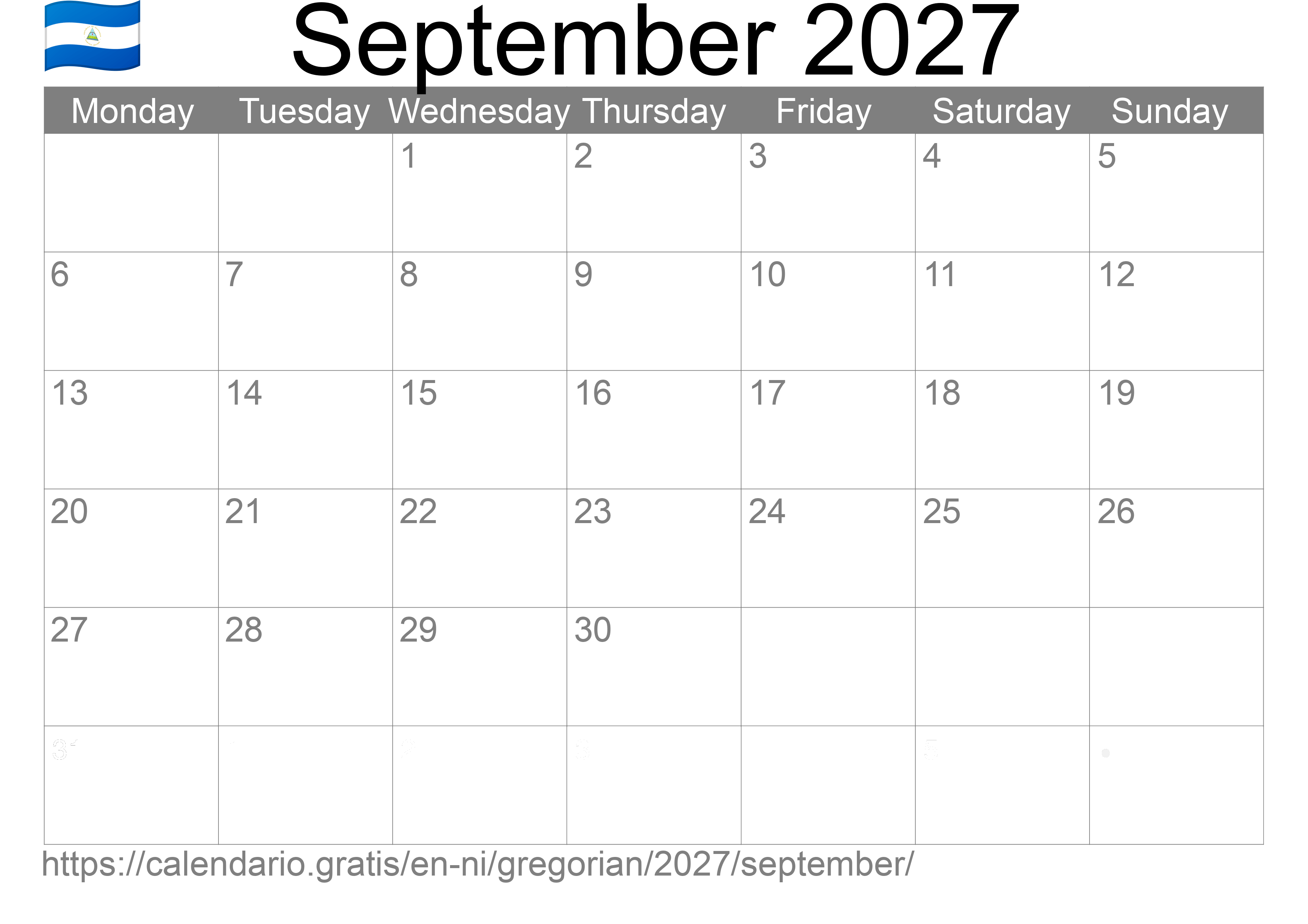 Calendar September 2027 to print