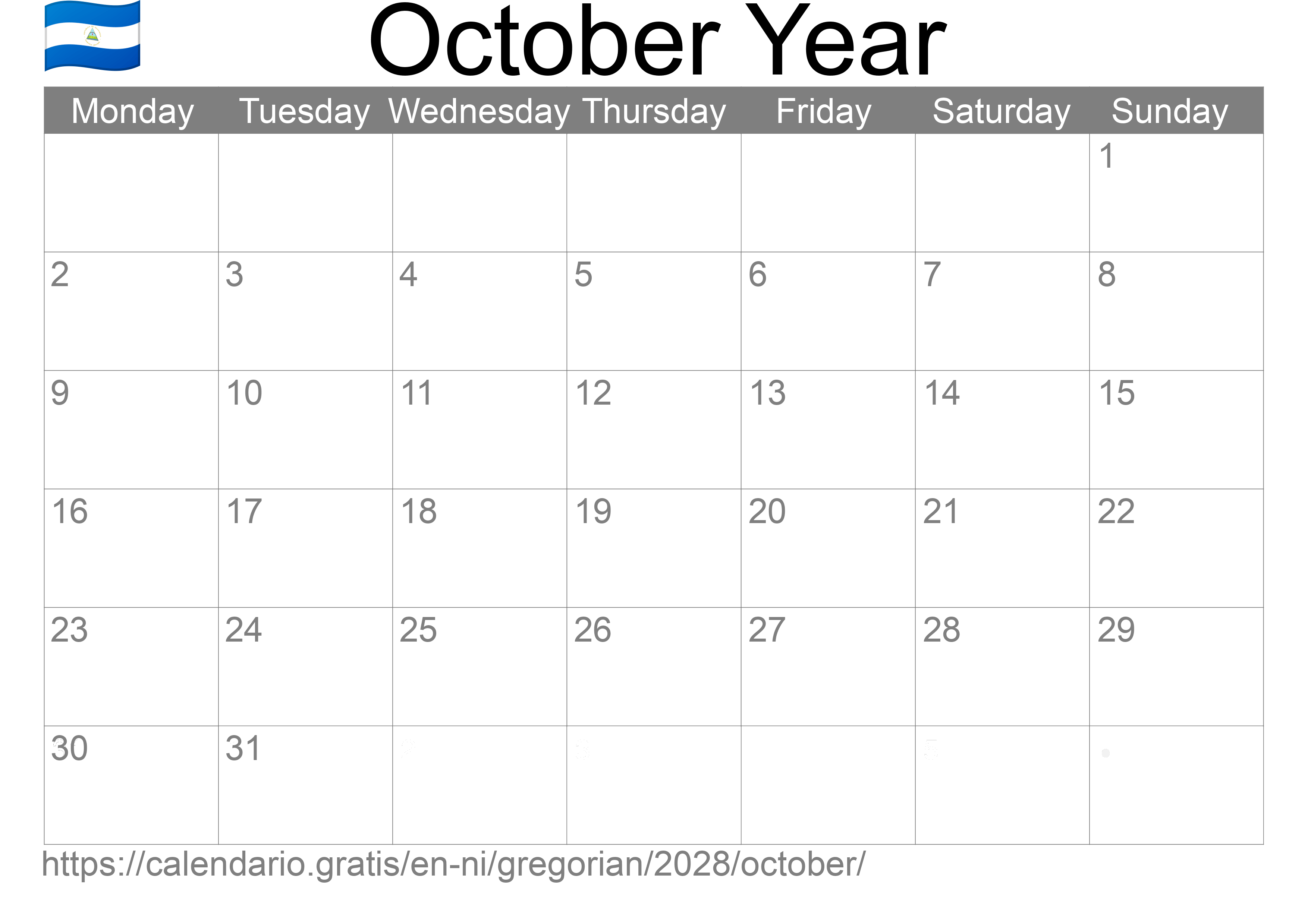 Calendar October 2028 to print