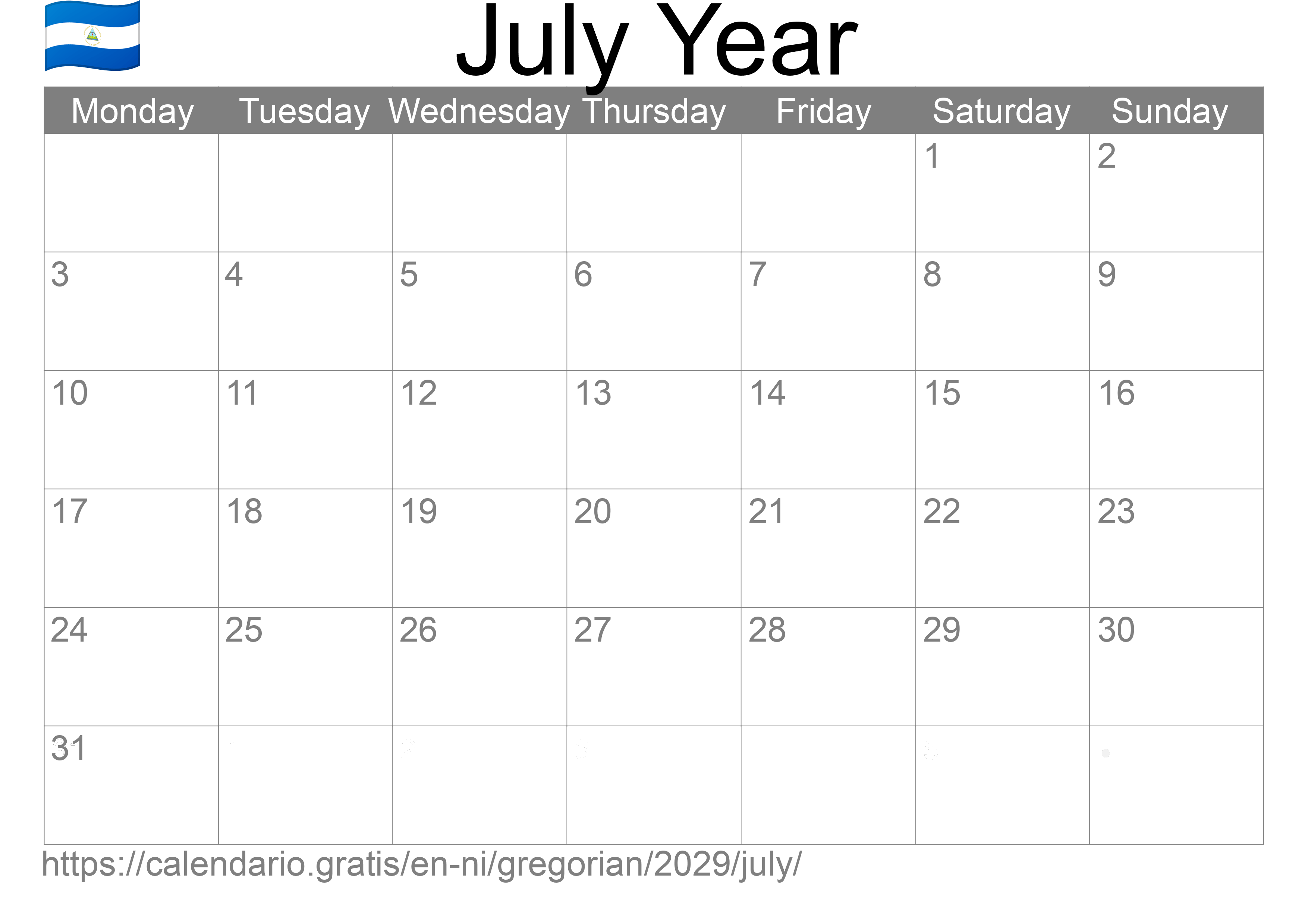 Calendar July 2029 to print