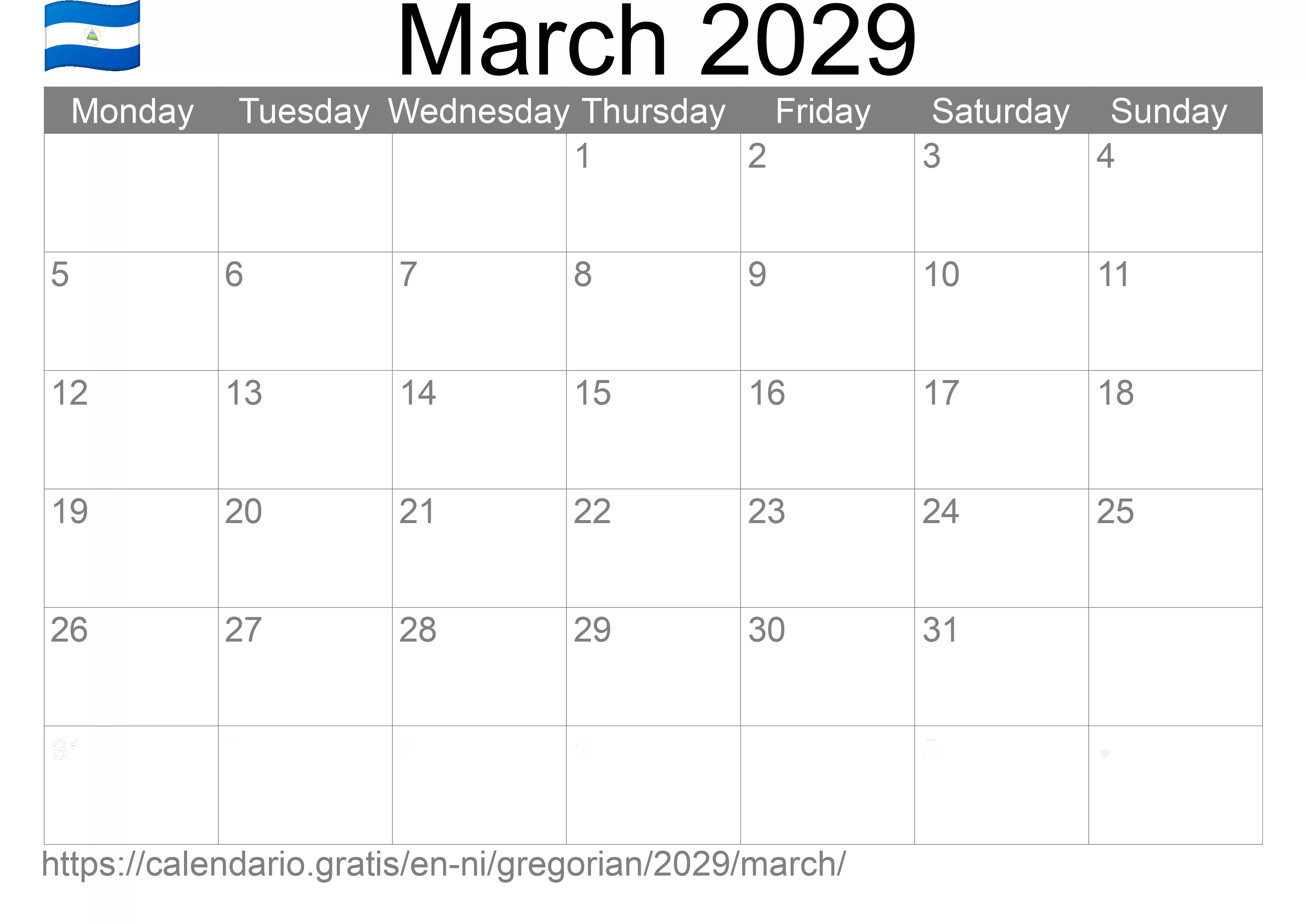 Calendar March 2029 to print (Nicaragua) Calendar March 2029 to print (Nicaragua)