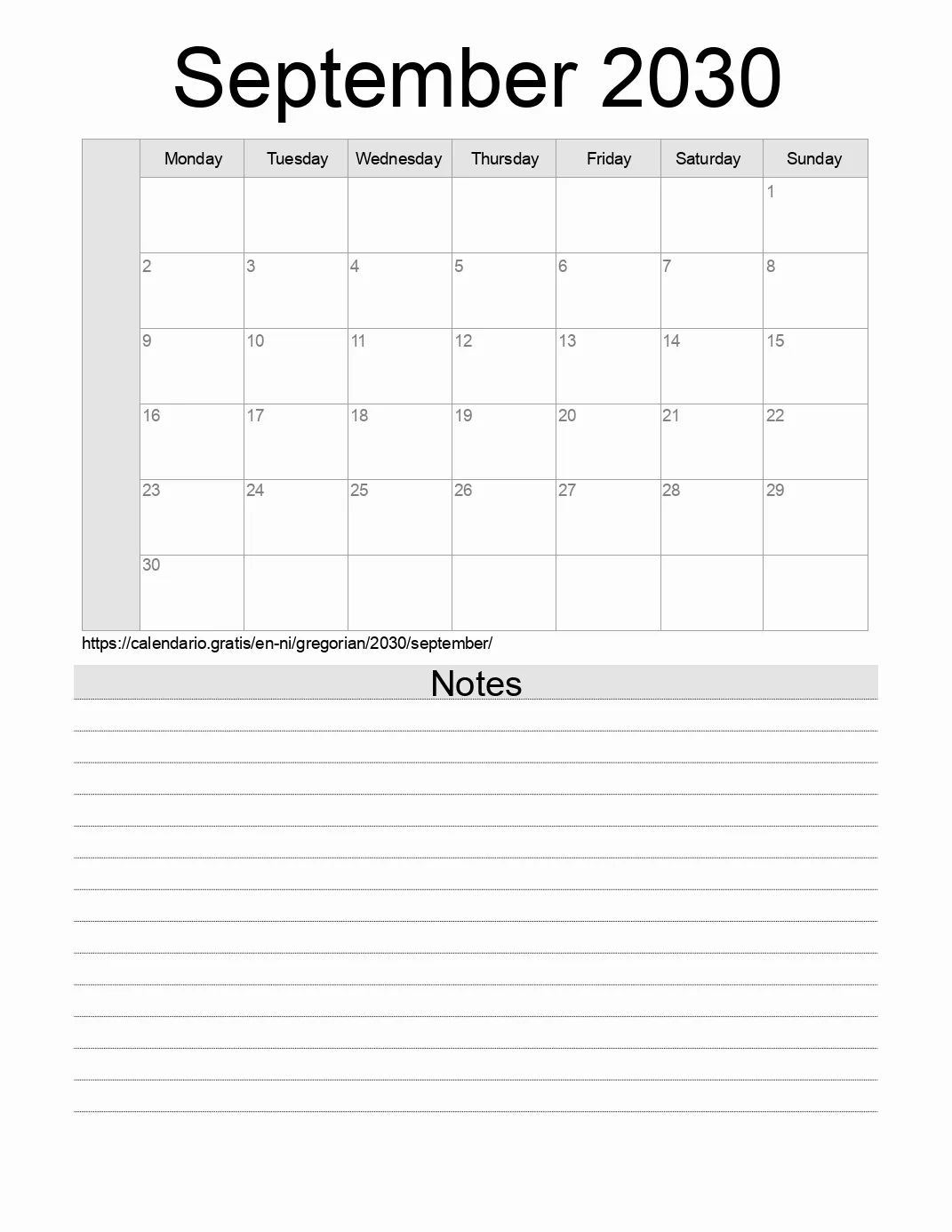 Calendar for printing with notes for 2030 September . (Nicaragua)