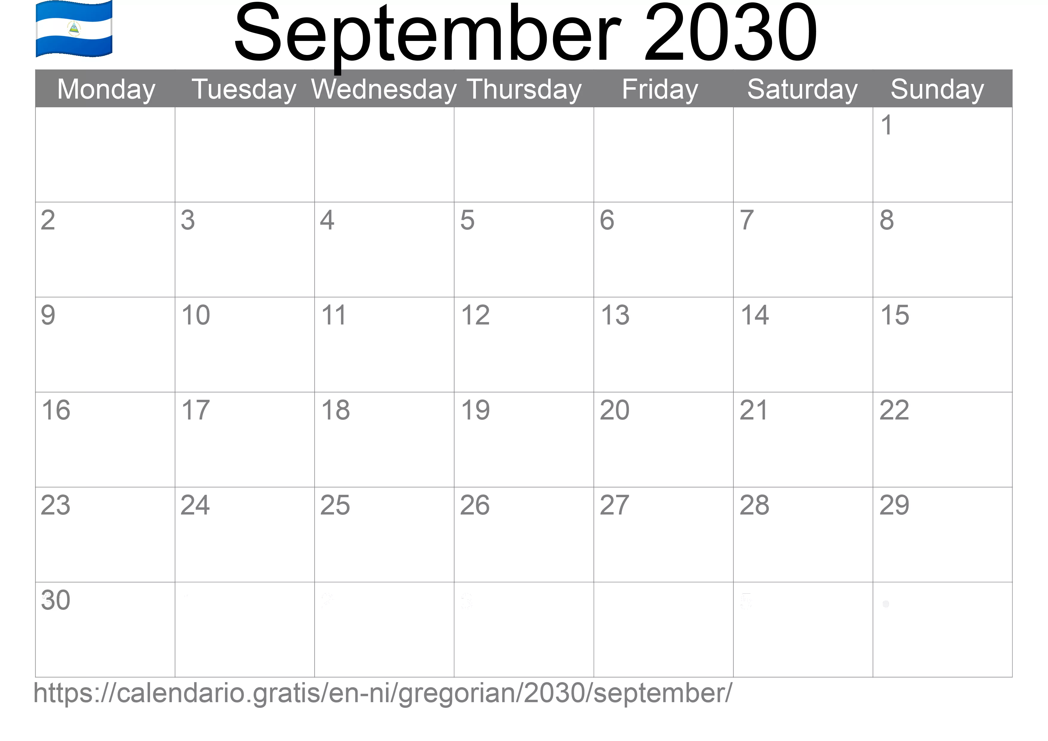 Calendar September 2030 to print (Nicaragua)