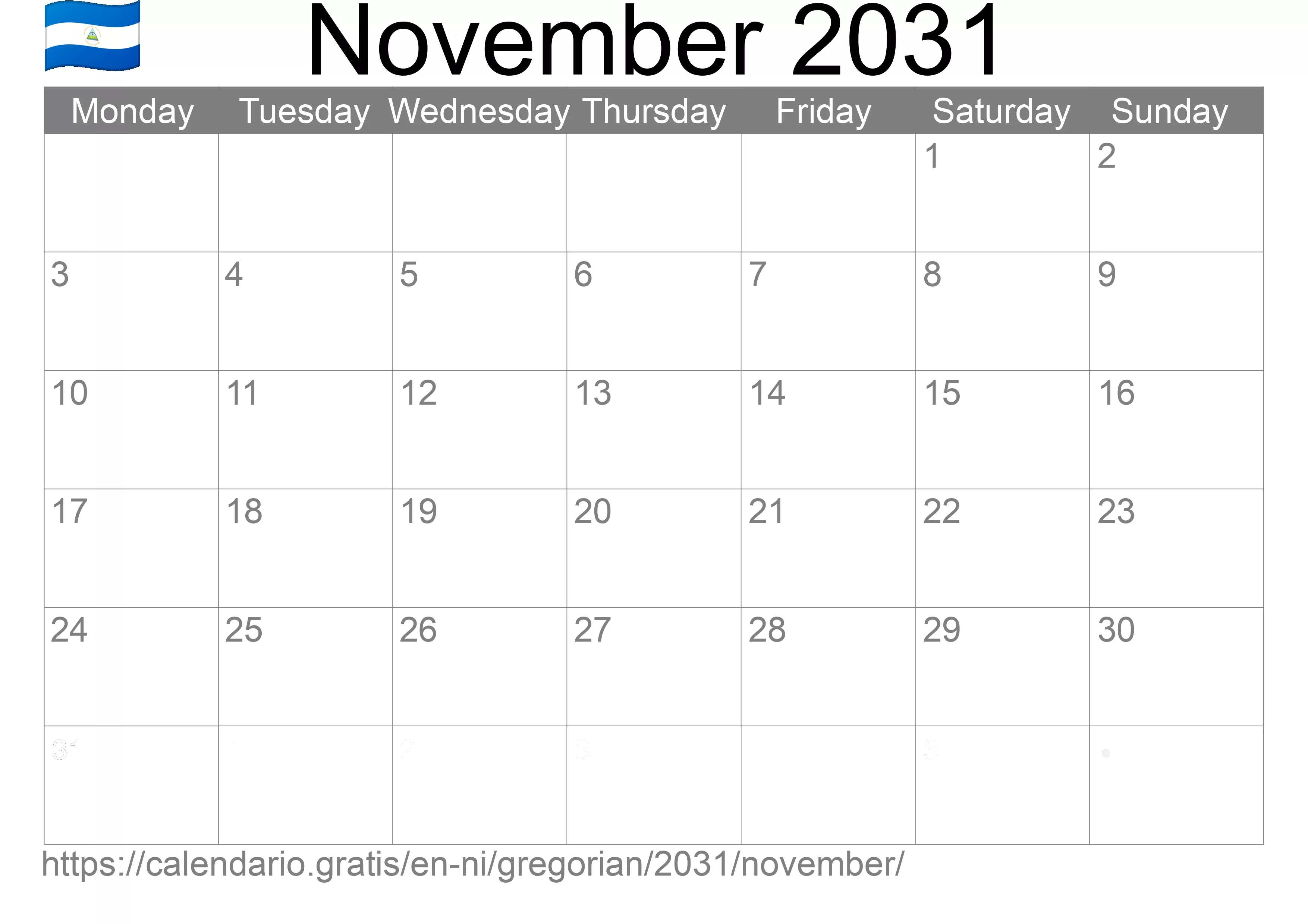 Calendar November 2031 to print (Nicaragua)