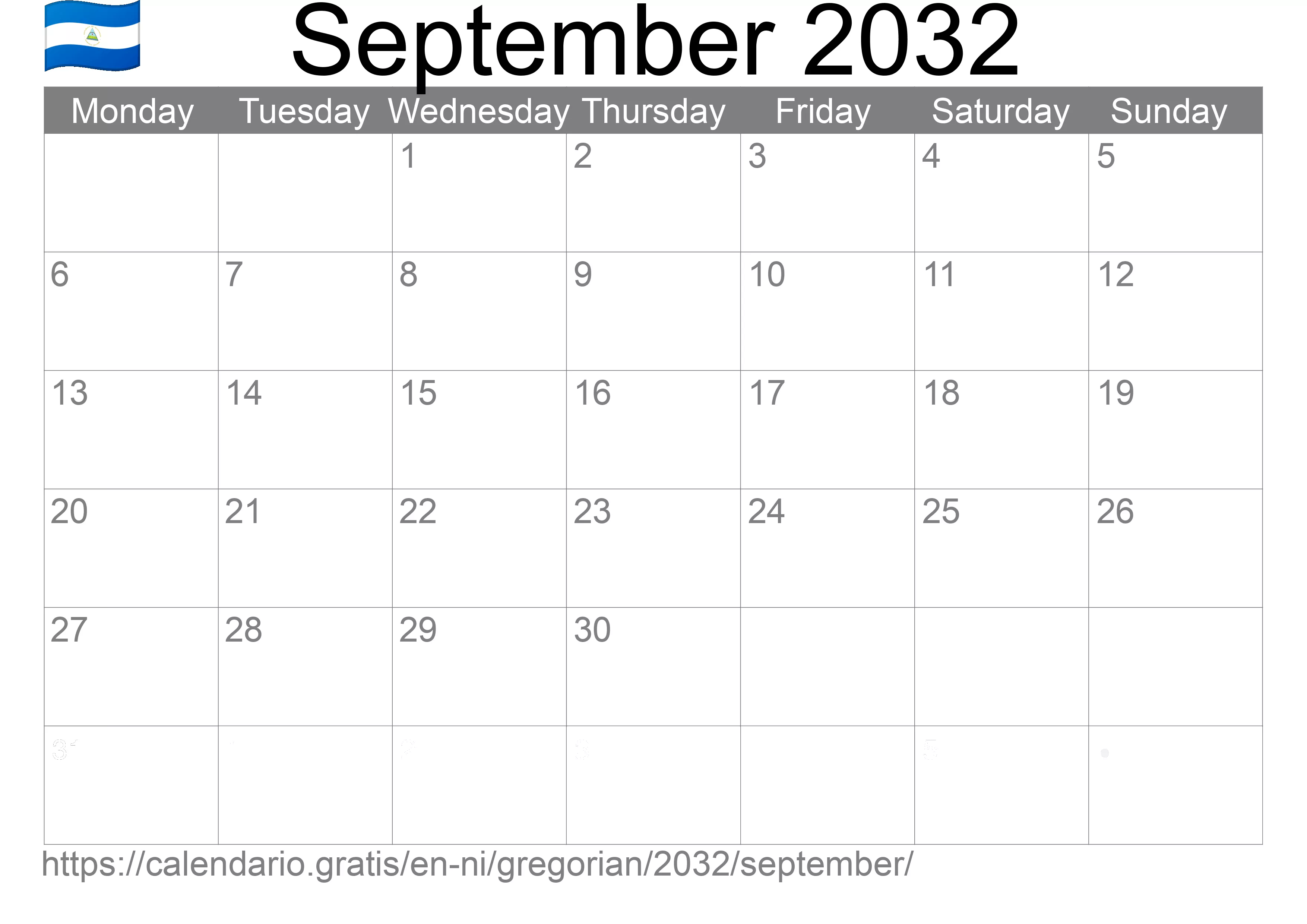 Calendar September 2032 to print (Nicaragua)