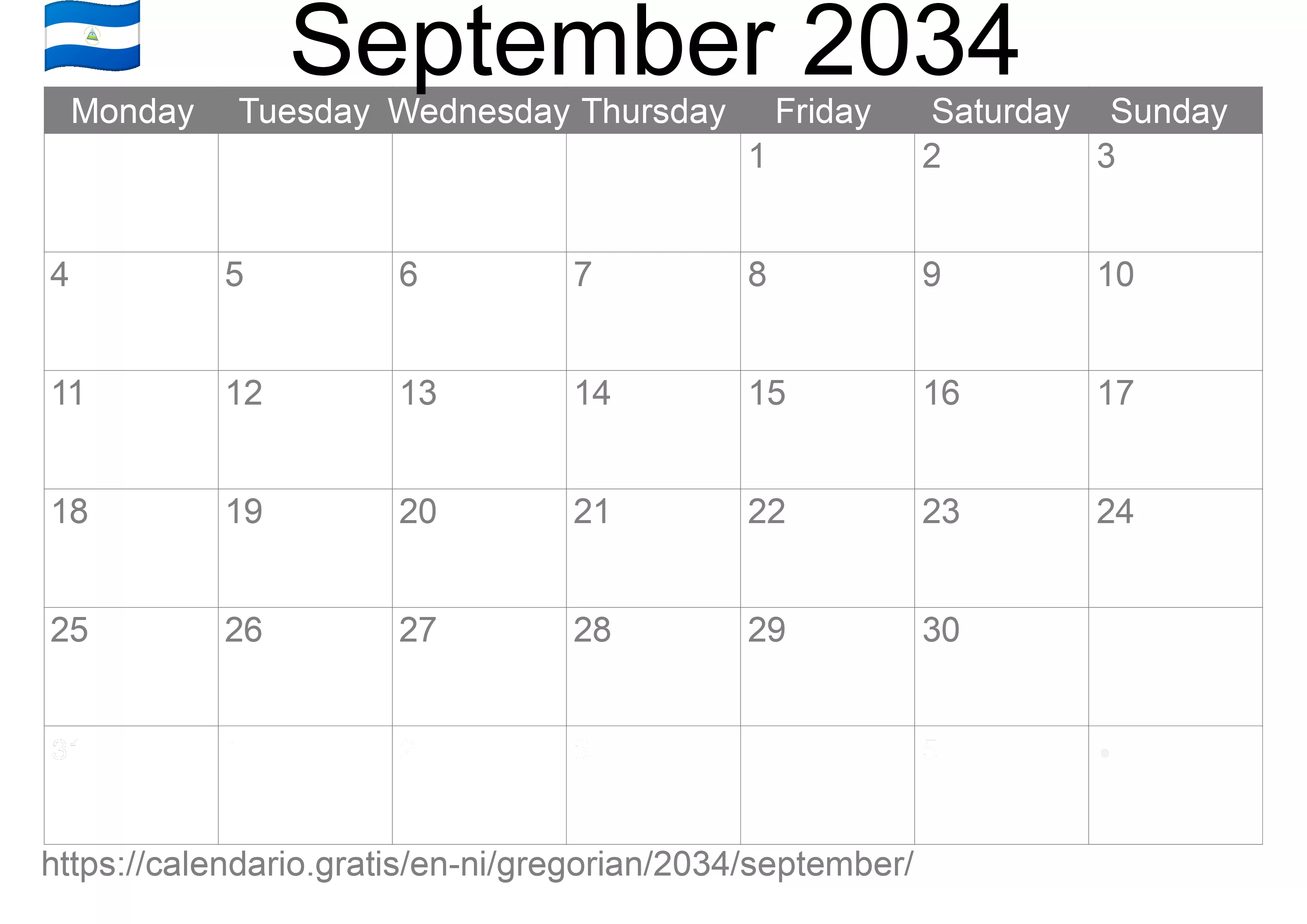 Calendar September 2034 to print (Nicaragua)