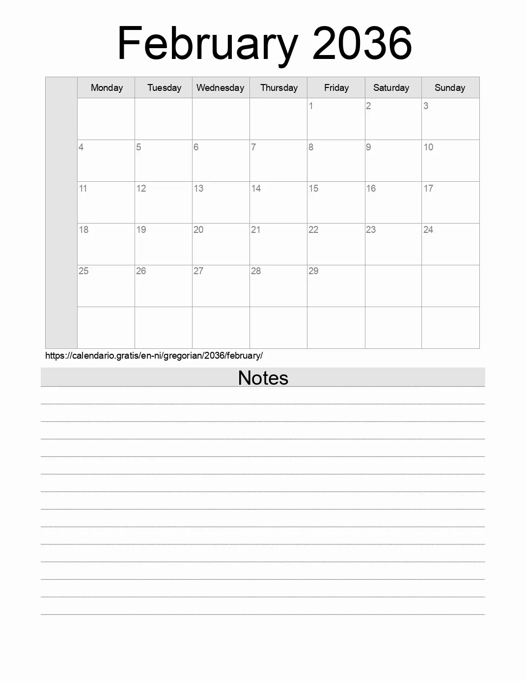 Calendar for printing with notes for 2036 February . (Nicaragua) Calendar for printing with notes for 2036 February . (Nicaragua)