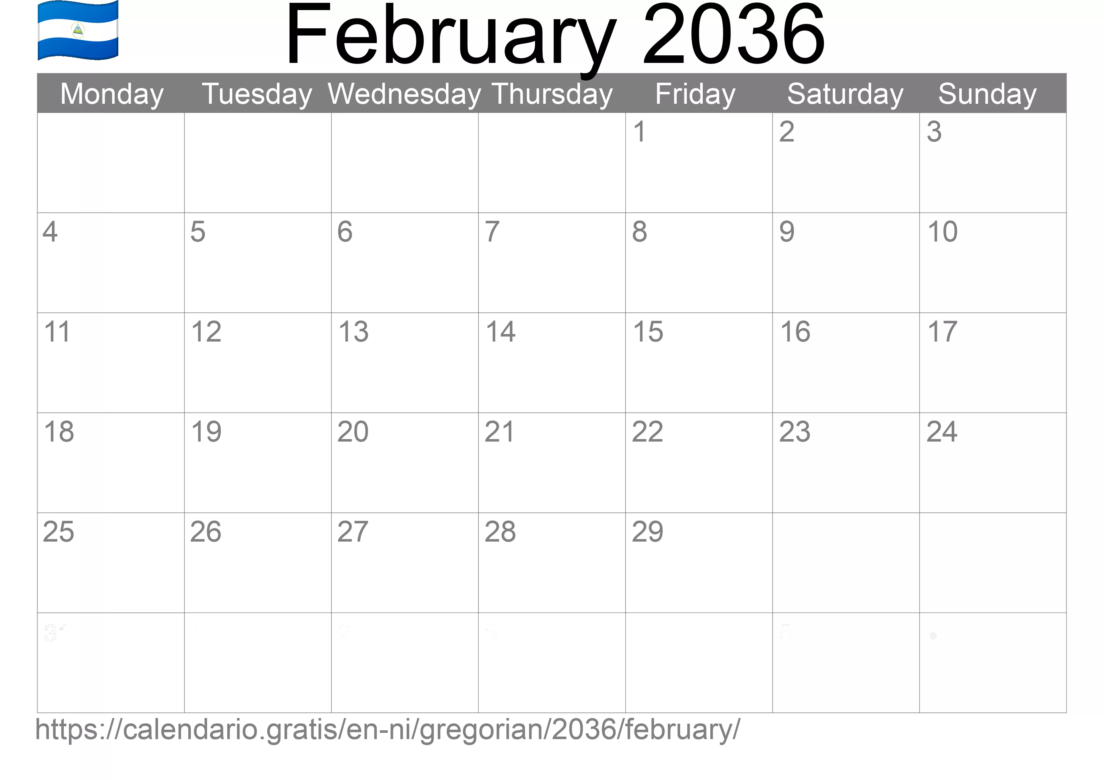 Calendar February 2036 to print (Nicaragua) Calendar February 2036 to print (Nicaragua)