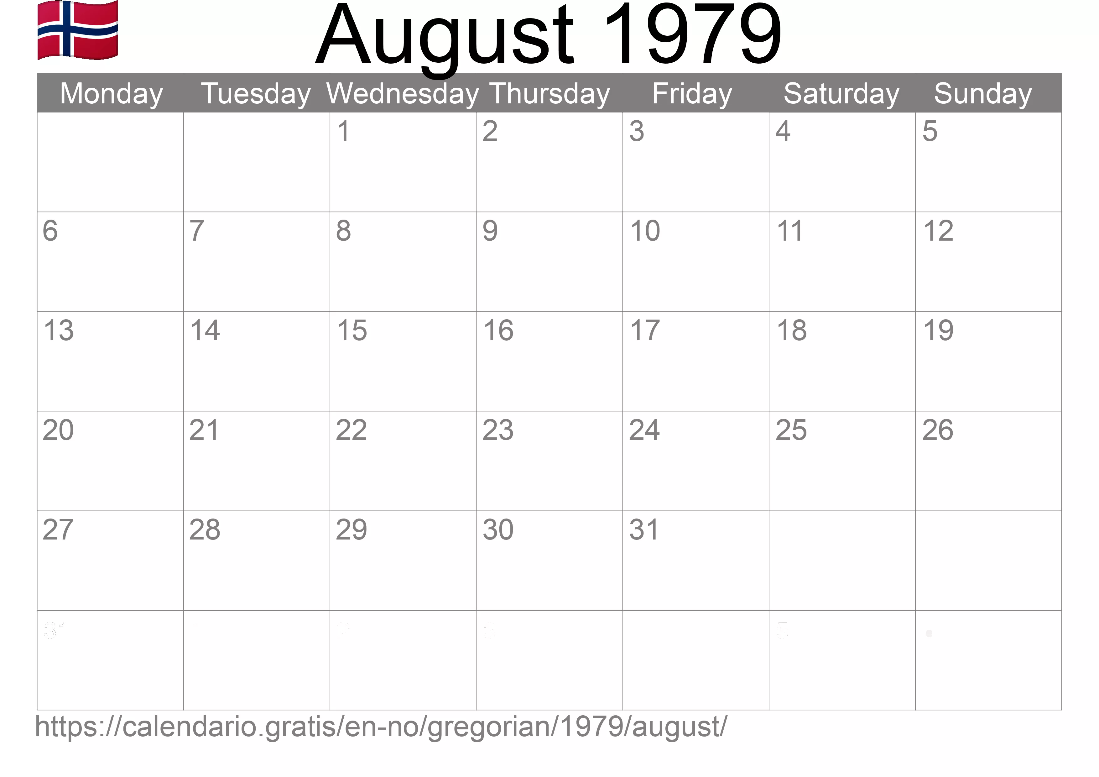 Calendar August 1979 to print (Norway)