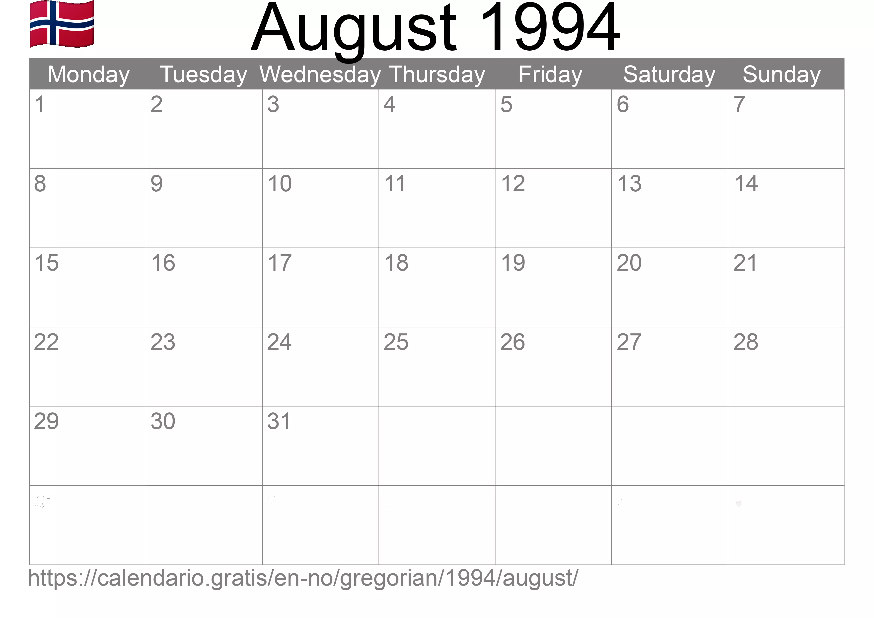 Calendar August 1994 to print (Norway) Calendar August 1994 to print (Norway)