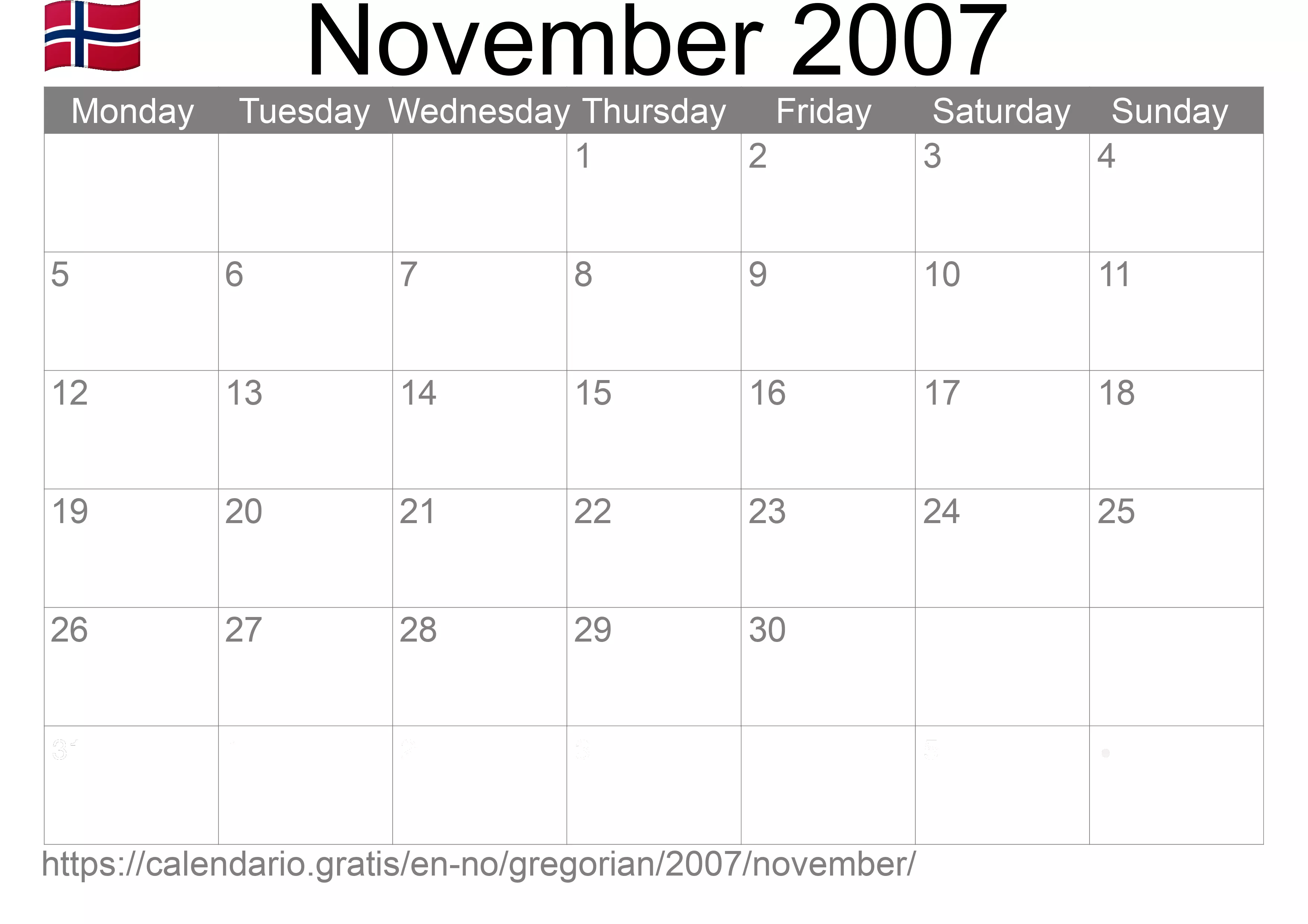 Calendar November 2007 to print (Norway)