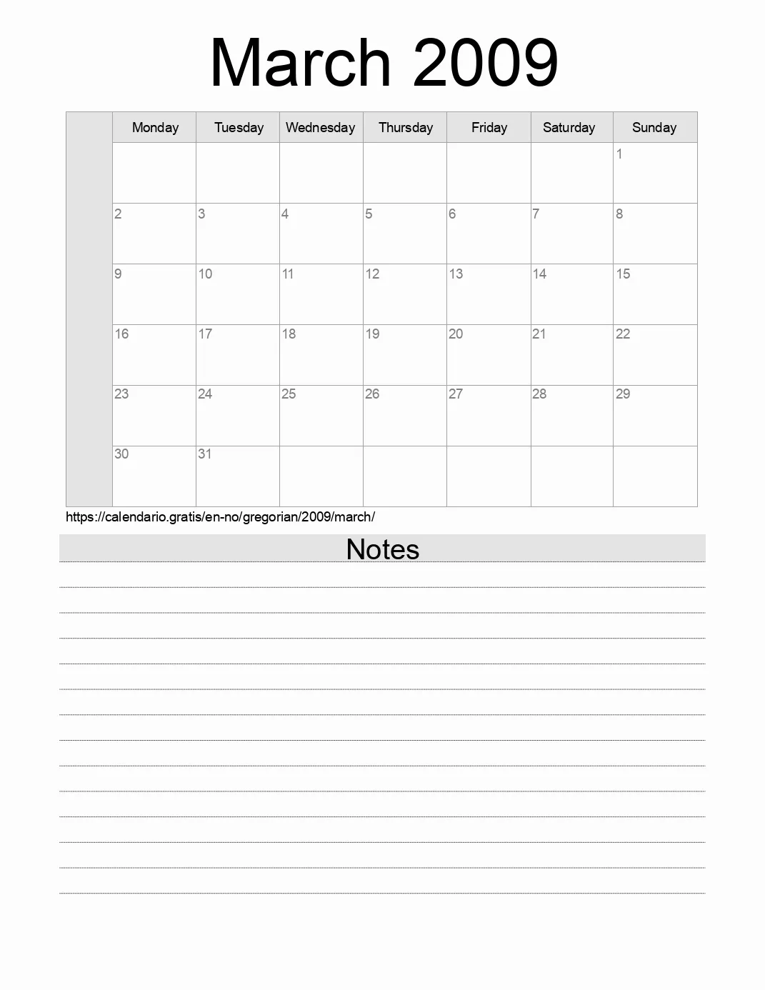 Calendar for printing with notes for 2009 March . (Norway) Calendar for printing with notes for 2009 March . (Norway)