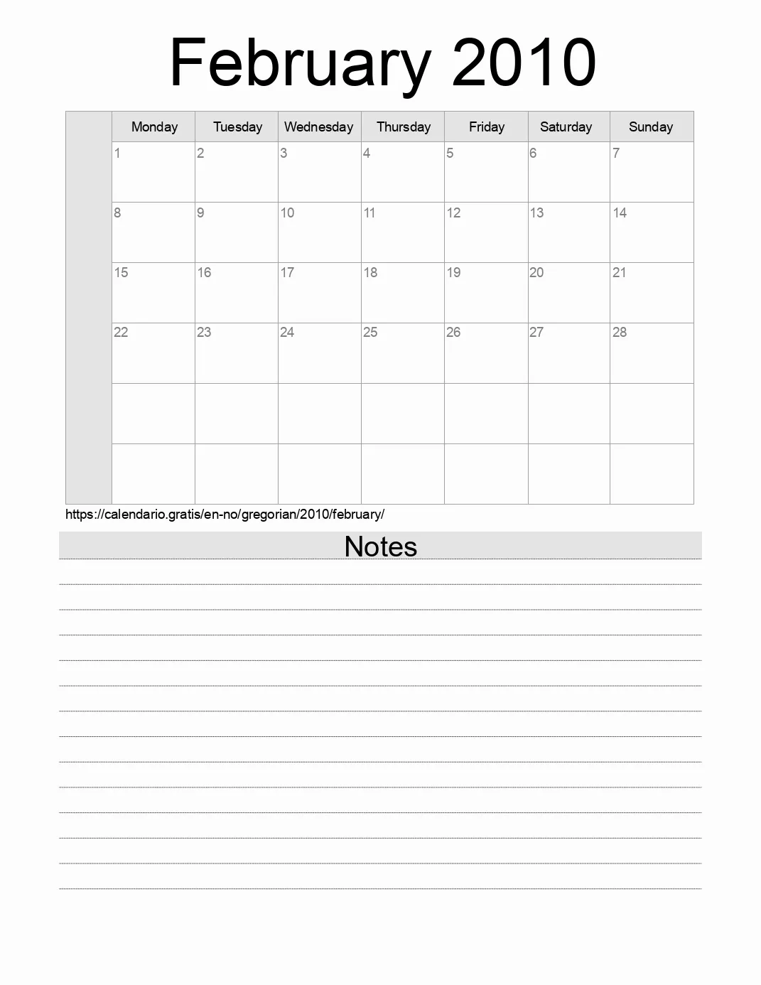 Calendar for printing with notes for 2010 February . (Norway) Calendar for printing with notes for 2010 February . (Norway)