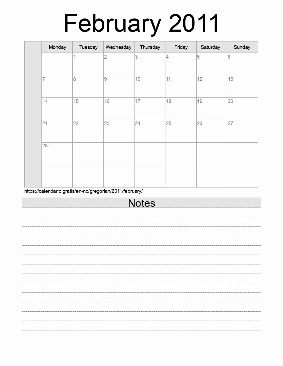 Calendar for printing with notes for 2011 February . (Norway) Calendar for printing with notes for 2011 February . (Norway)