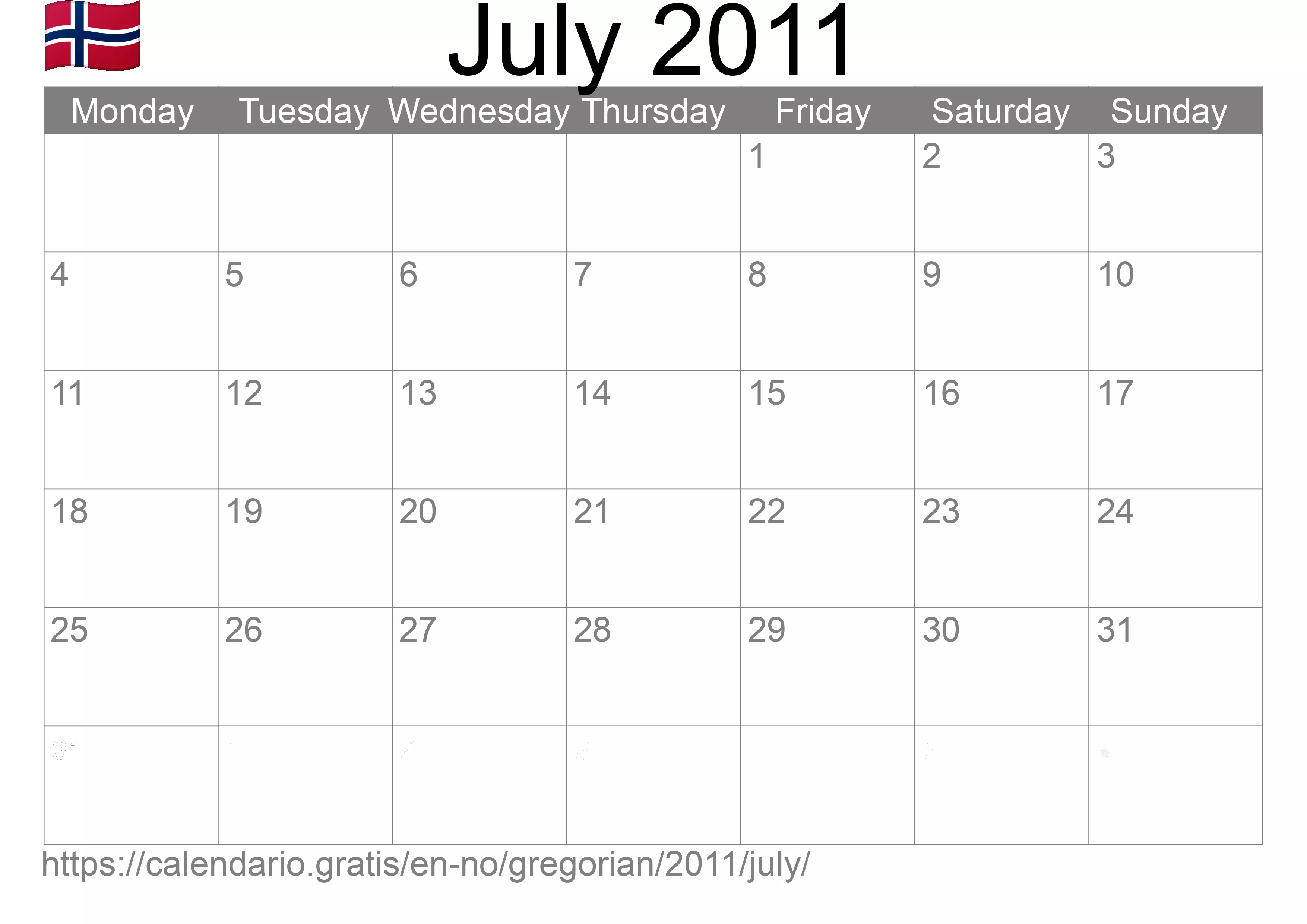Calendar July 2011 to print (Norway)