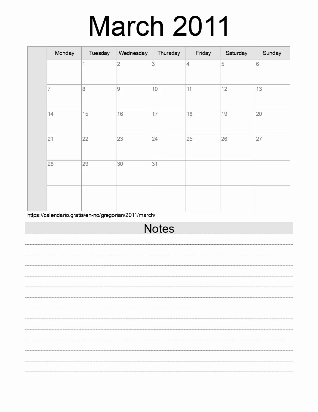 Calendar for printing with notes for 2011 March . (Norway)