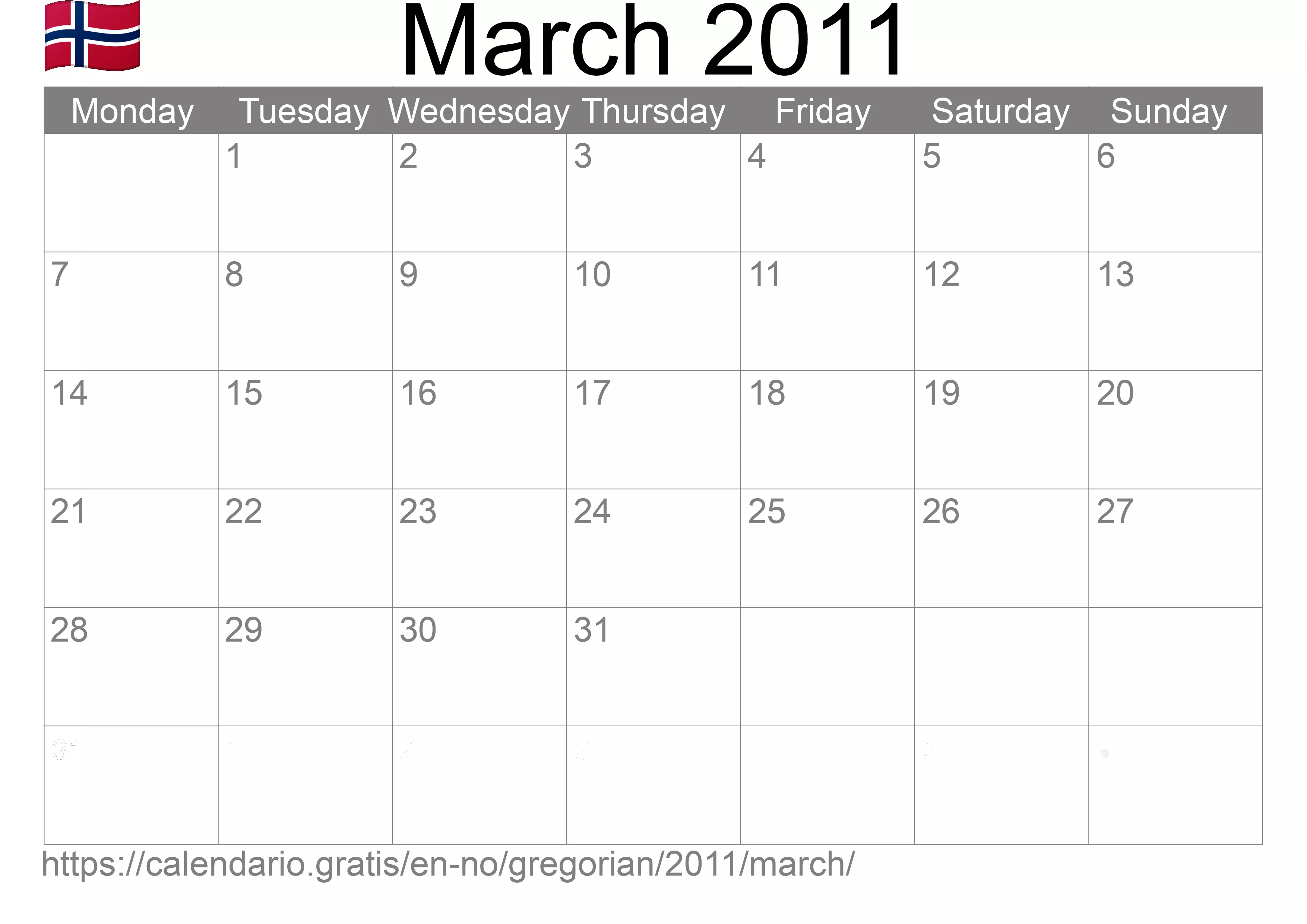 Calendar March 2011 to print (Norway)