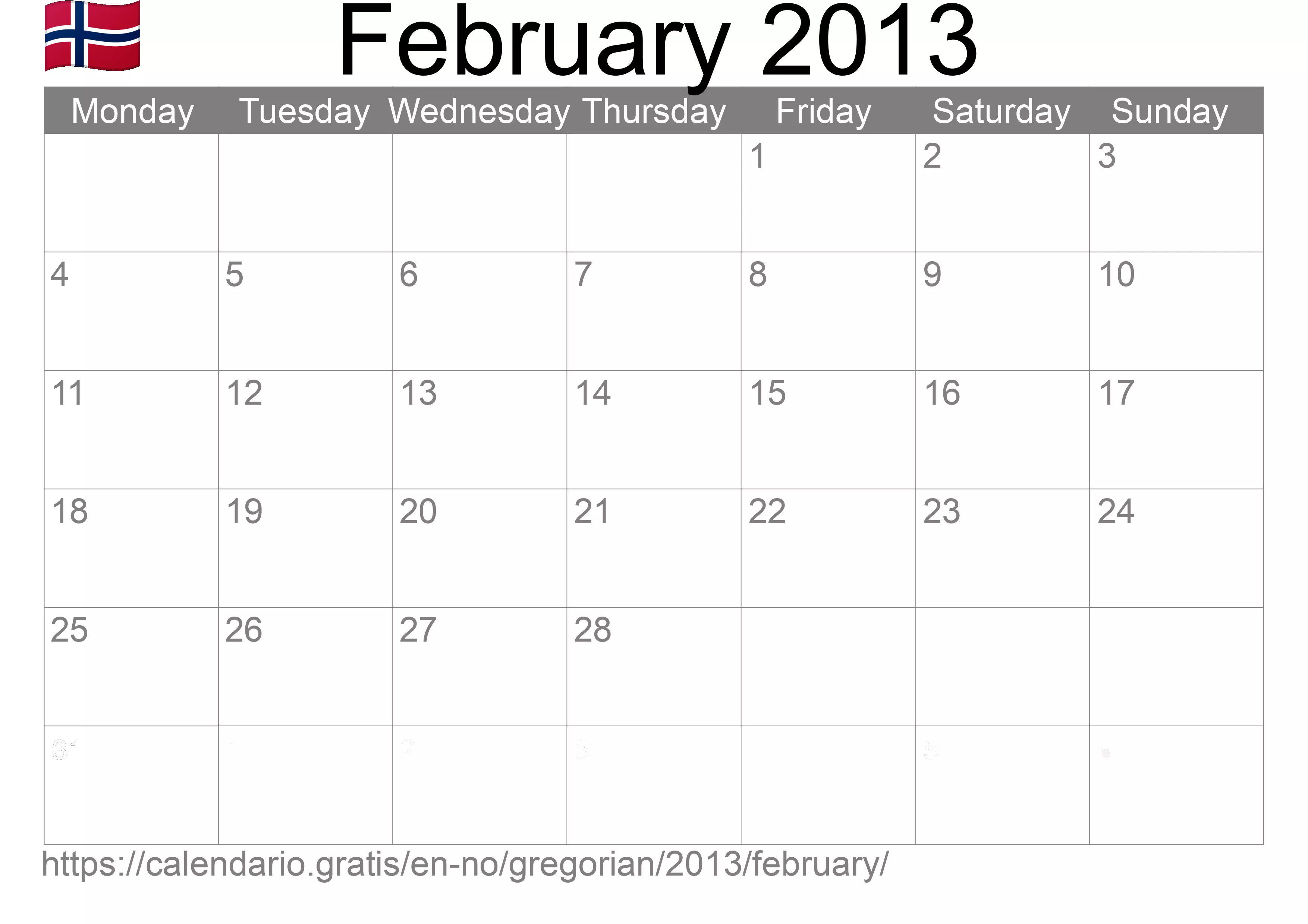 Calendar February 2013 to print (Norway) Calendar February 2013 to print (Norway)